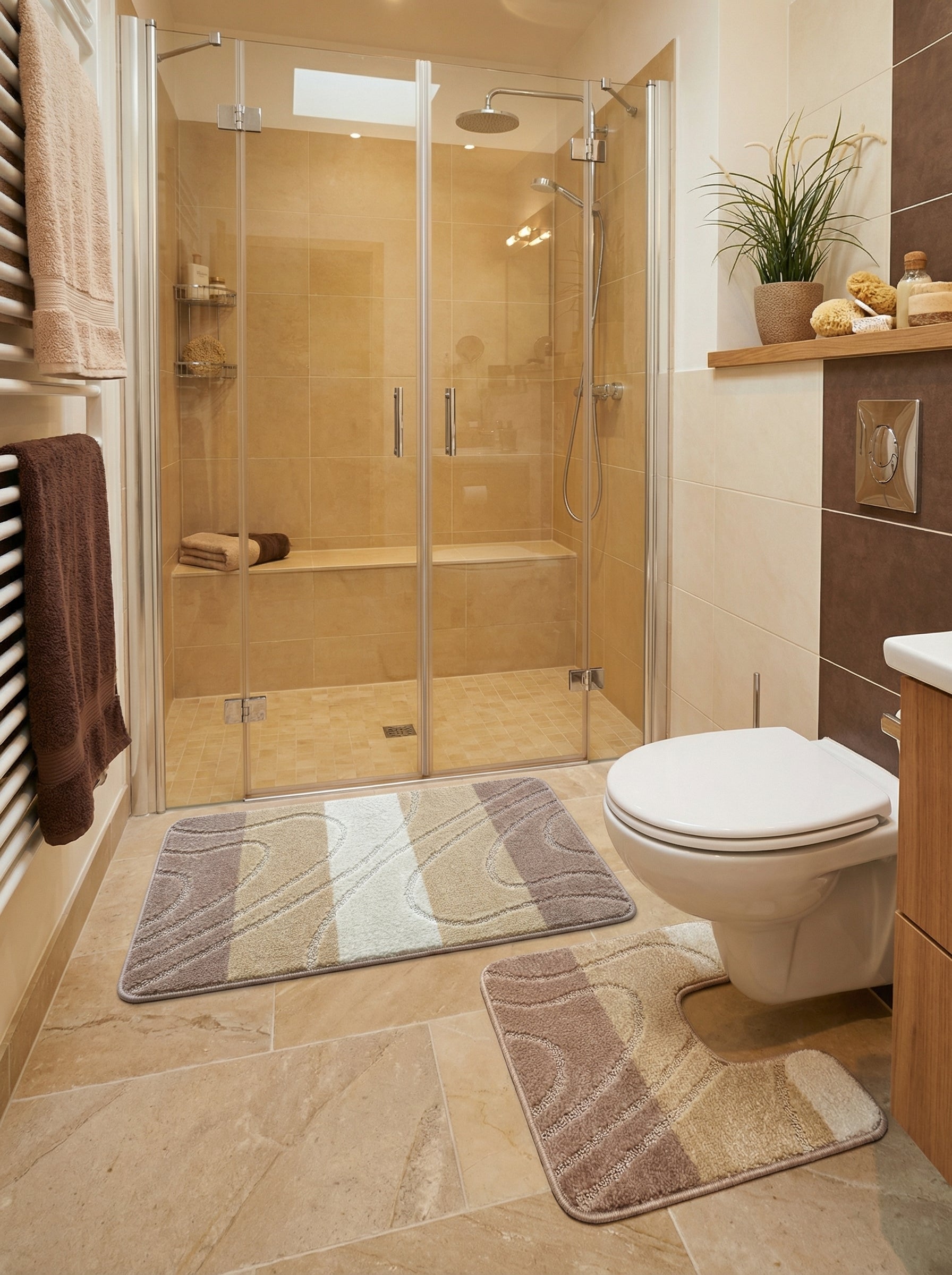 Deux tapis de bain doux à motifs de rayures et de vagues en relief, aux couleurs marron, beige et crème, disposés dans une salle de bain