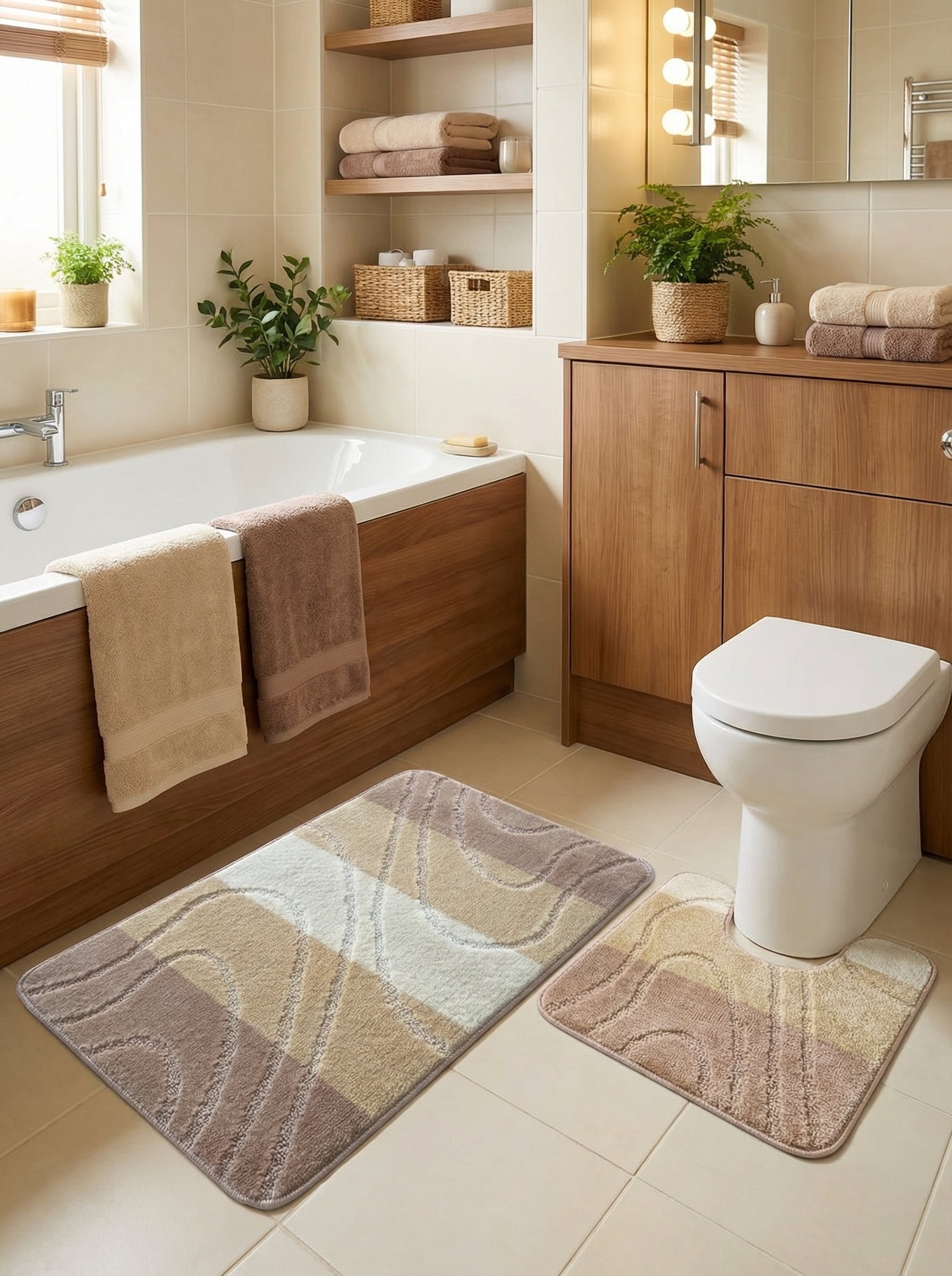 Tapis de bain rectangulaire et contour WC, aux motifs géométriques et ondulés beige, taupe et crème, dans une salle de bain