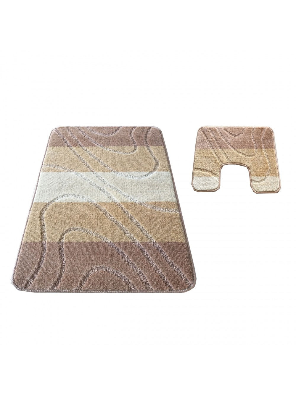 Grand tapis rectangulaire et petit tapis en U, à rayures horizontales marron, beige et crème, avec des motifs ondulés en relief