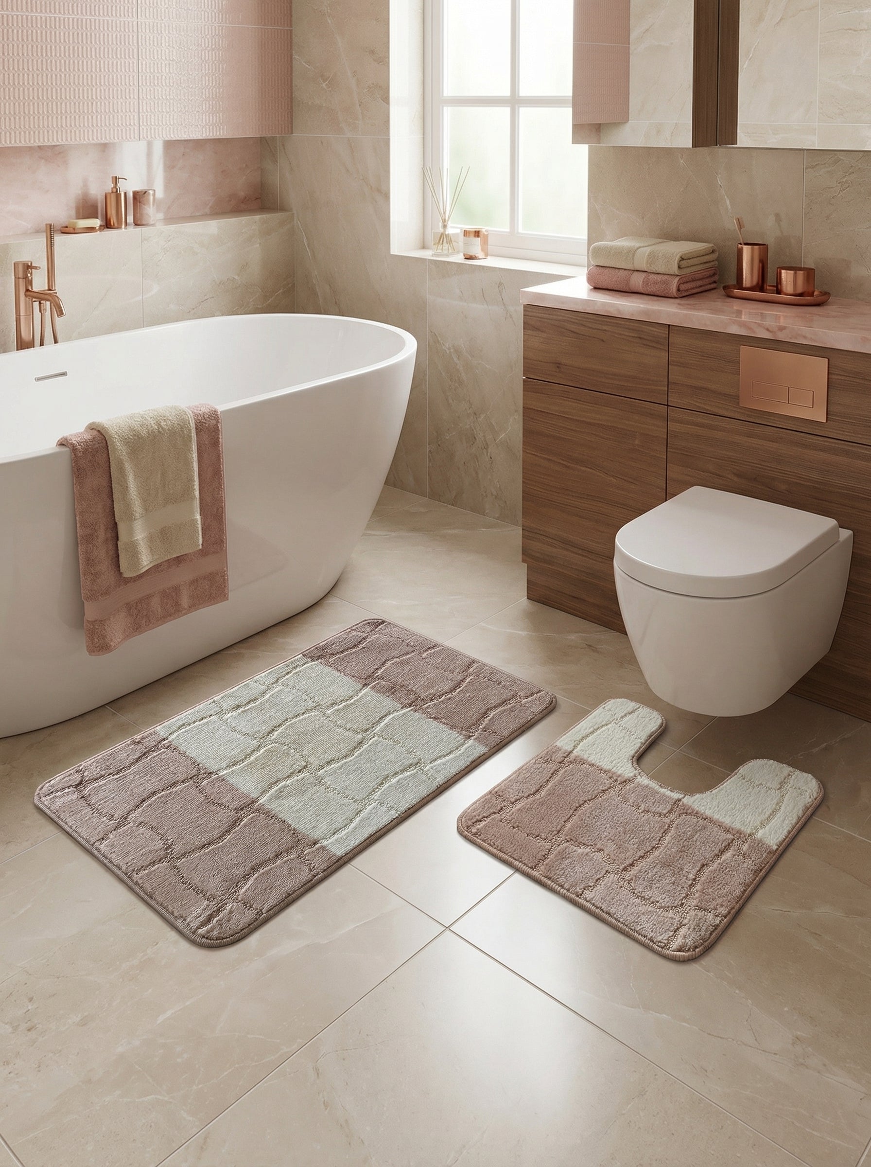 Tapis de bain moelleux rose poudré et crème, avec motifs de blocs texturés, un rectangulaire et un en U, dans une salle de bain
