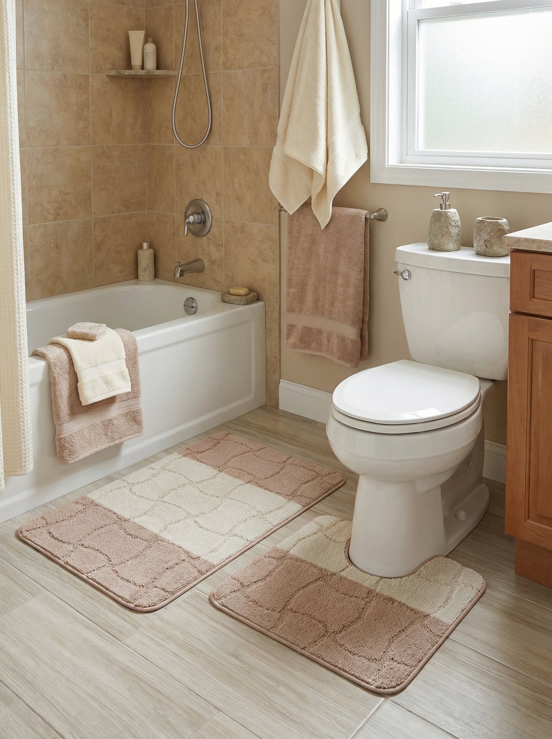 Deux tapis de bain doux à motifs de carreaux beiges et taupe, l'un rectangulaire et l'autre en U, dans une salle de bain