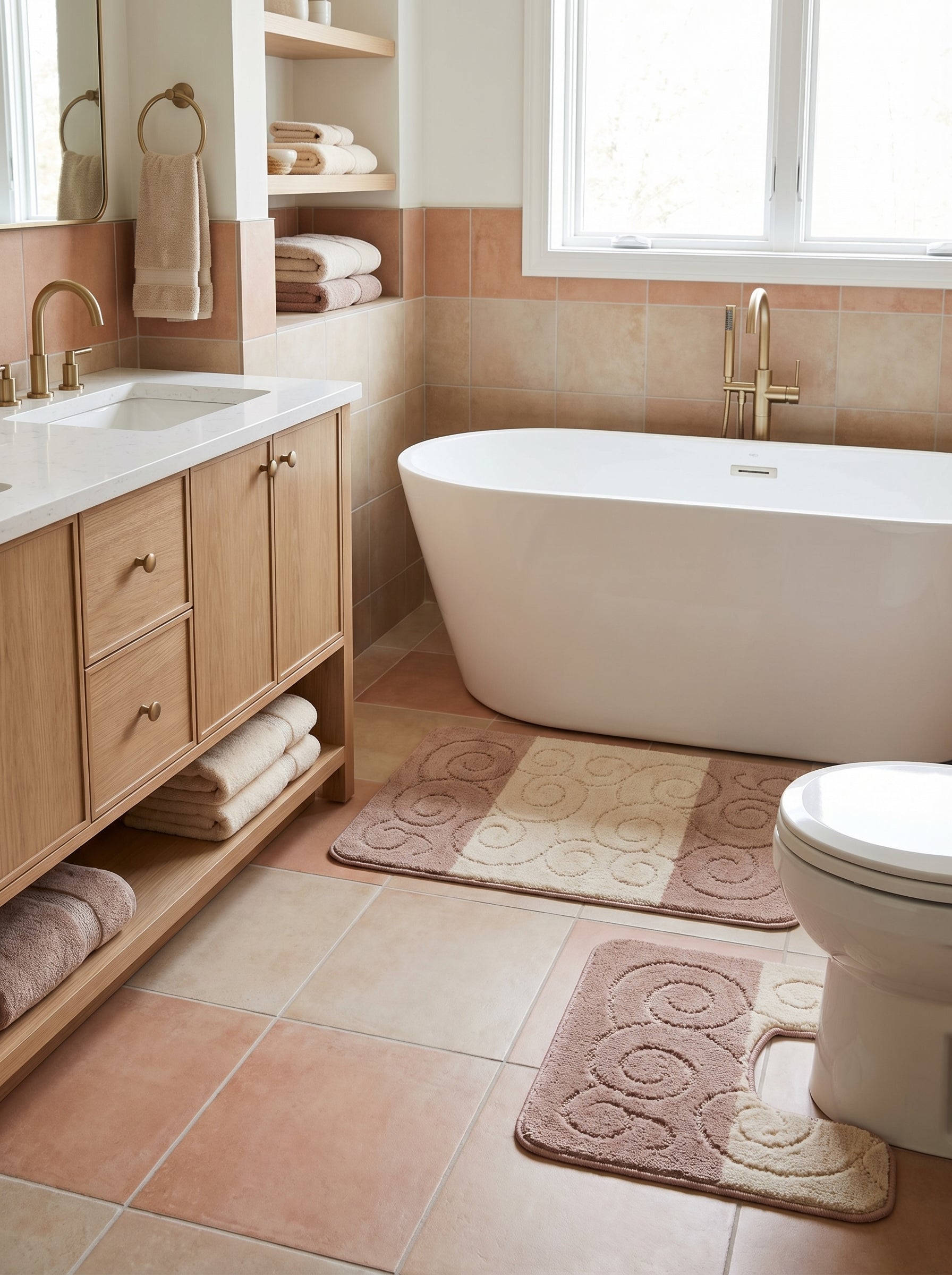 Tapis de bain doux bicolores rose poudré et beige clair, aux motifs spirales en relief, posés sur le sol carrelé d'une salle de bain moderne