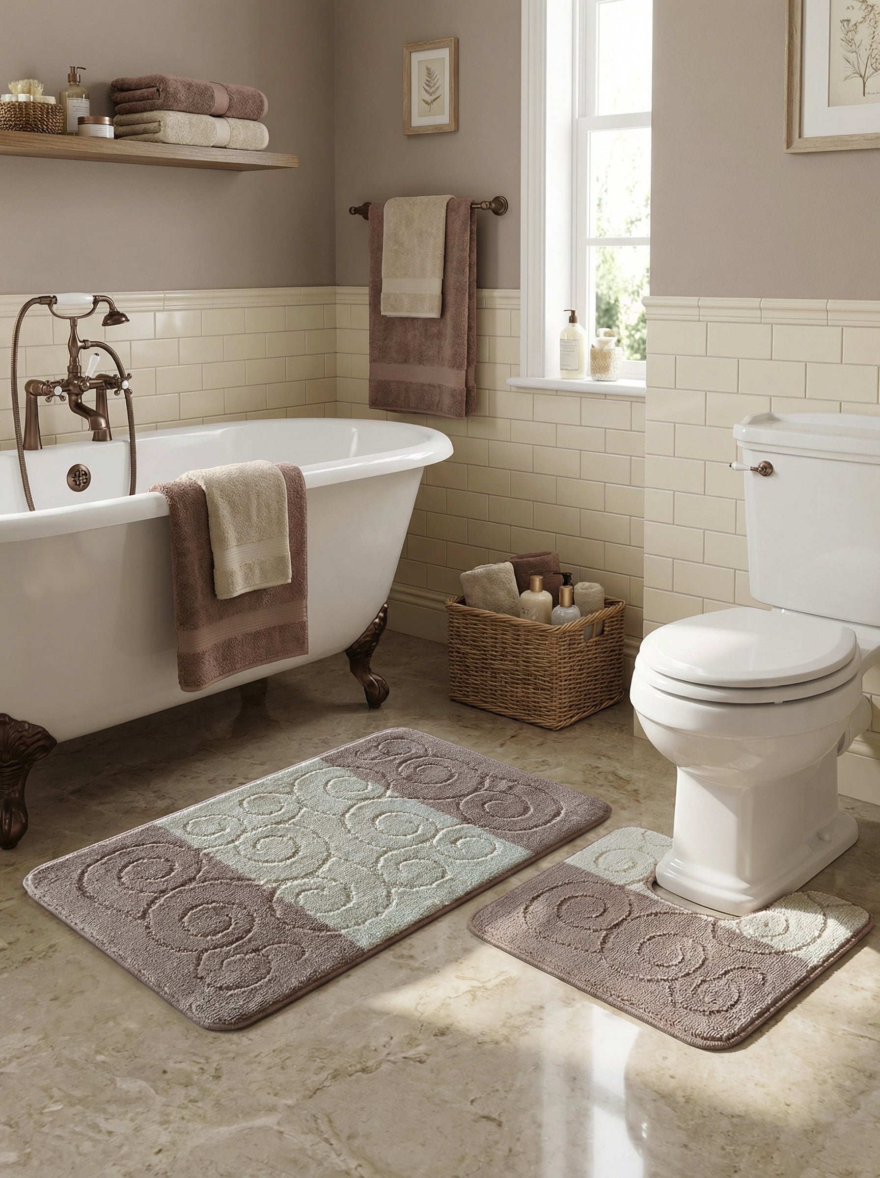 Lot de tapis de bain moelleux taupe et beige clair avec motifs tourbillonnants, posés sur un sol carrelé dans une salle de bain lumineuse