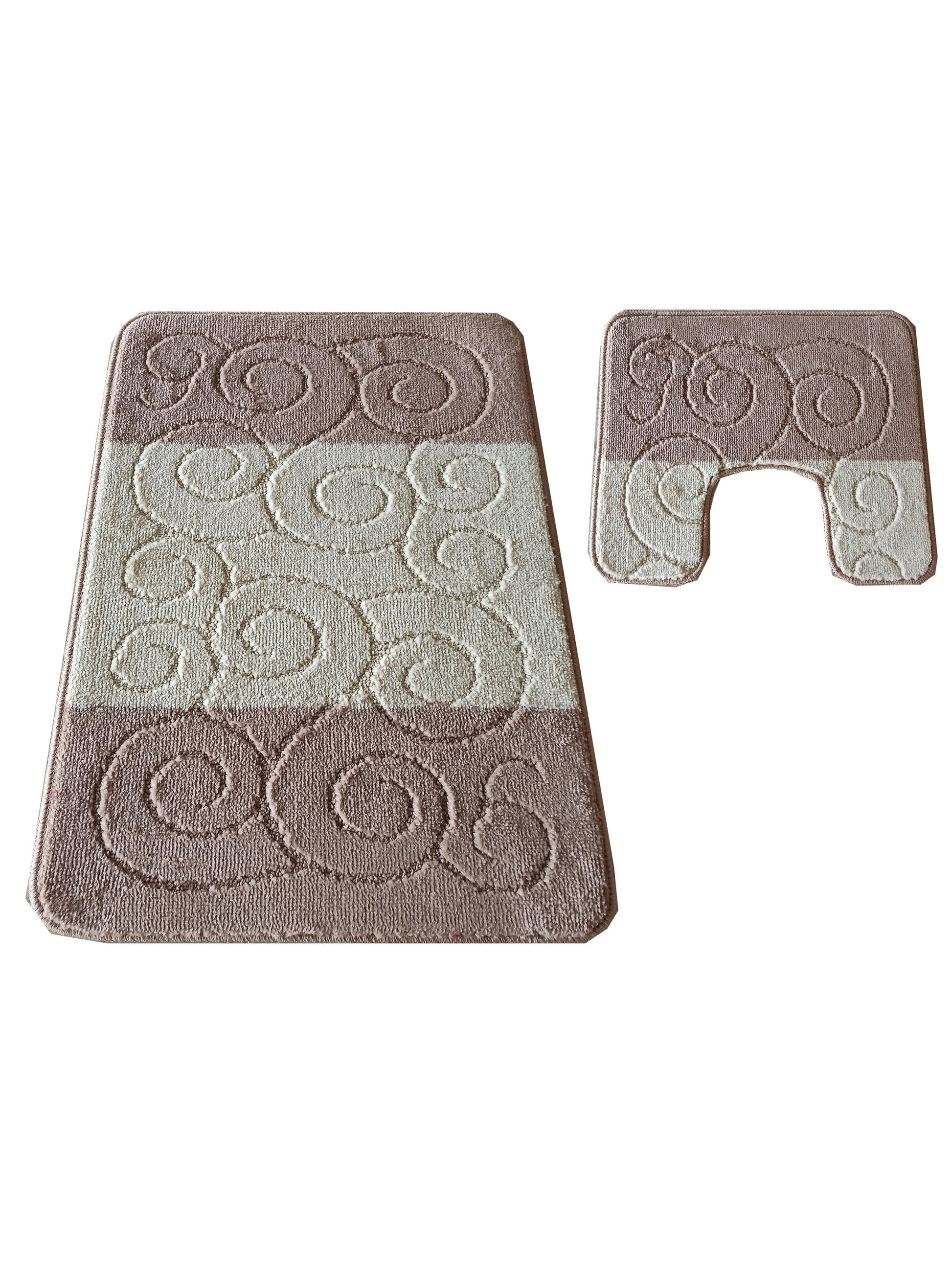 Deux tapis de bain doux, l'un rectangulaire, l'autre en U, à rayures crème et taupe avec motifs spirales