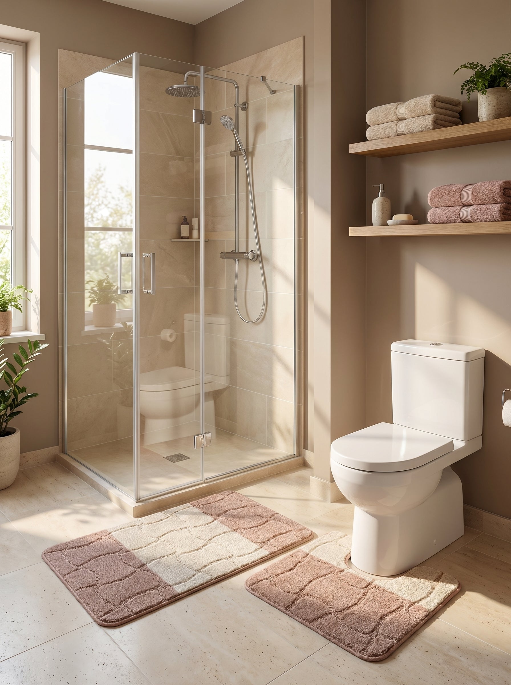 Tapis de bain doux, beige crème et rose poudré, à motif texturé de formes arrondies, dans une salle de bain moderne
