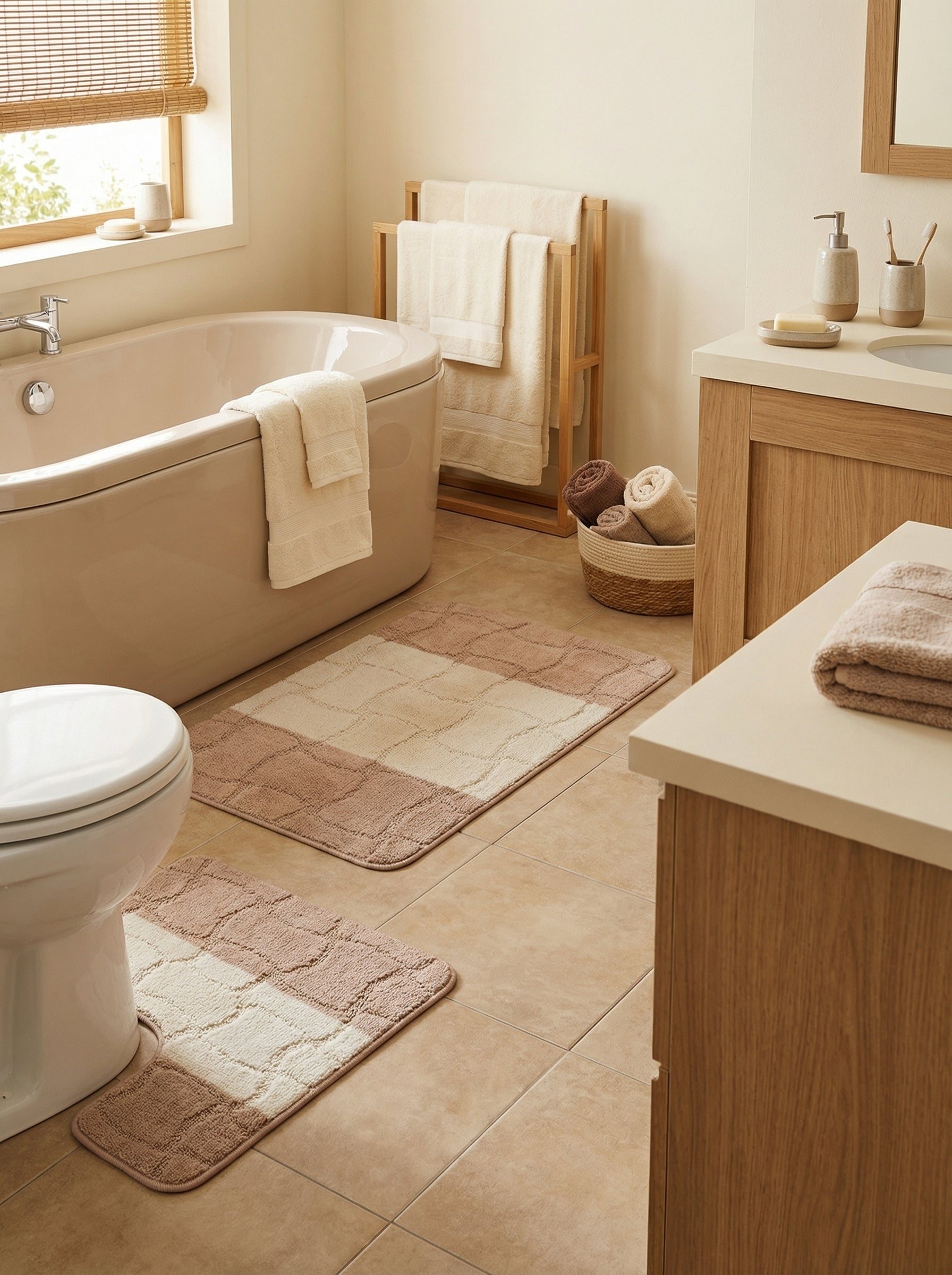 Ensemble de deux tapis de bain texturés à carreaux beige clair et rose poudré. Le premier est rectangulaire, le second en U près des toilettes dans une salle de bain