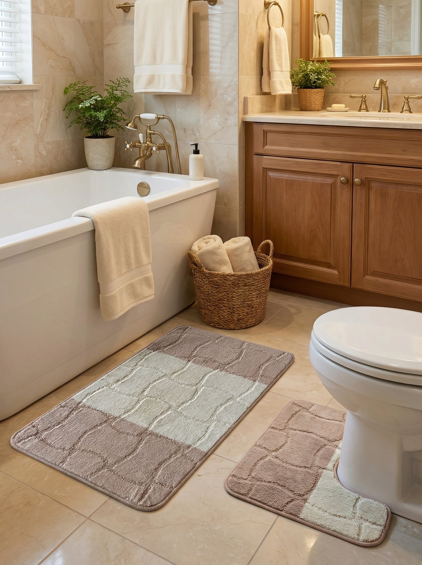 Tapis de bain moelleux beige et taupe clair aux motifs de blocs ondulés, devant baignoire et toilettes dans une salle de bain