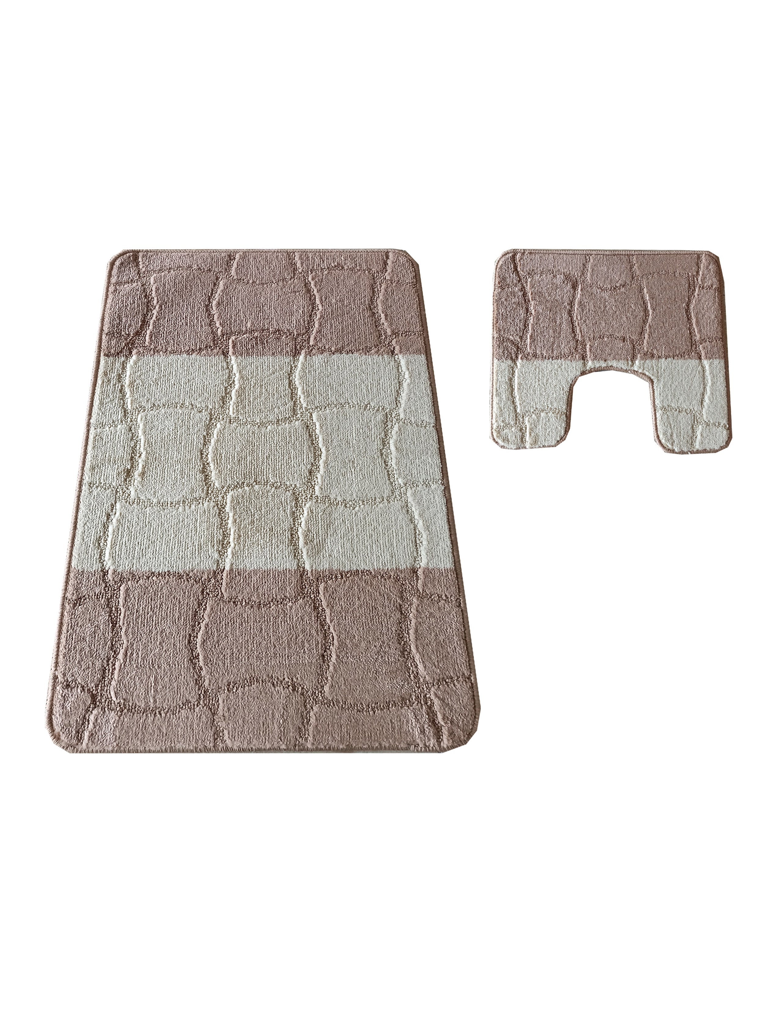 Ensemble de deux tapis textiles doux, un rectangulaire et un en U, à motif abstrait de bandes beige clair et rose poudré