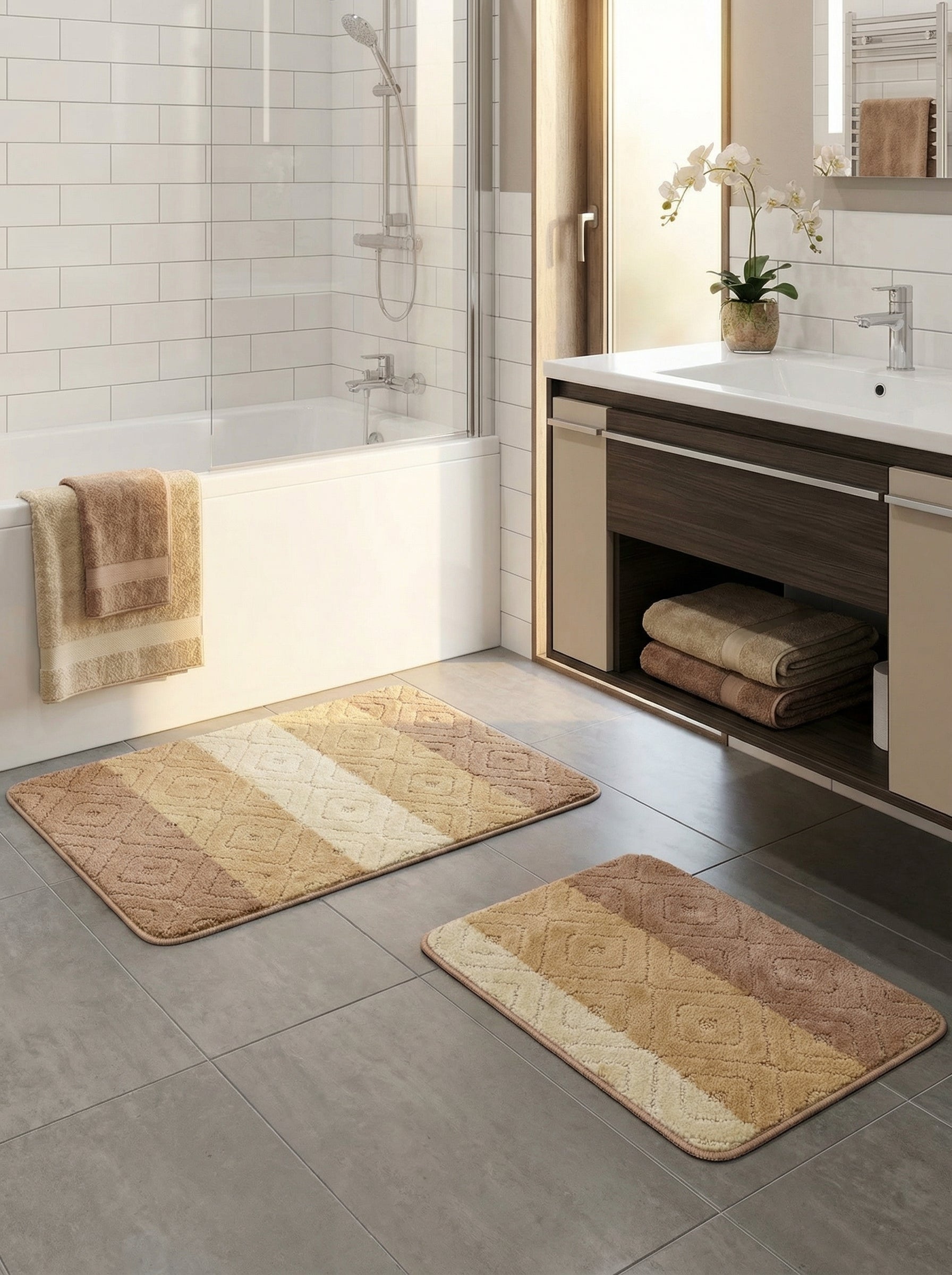 Tapis de bain moelleux rectangulaire avec des bandes obliques de beige clair, moyen et foncé, à motifs de losanges texturés dans une salle de bain moderne