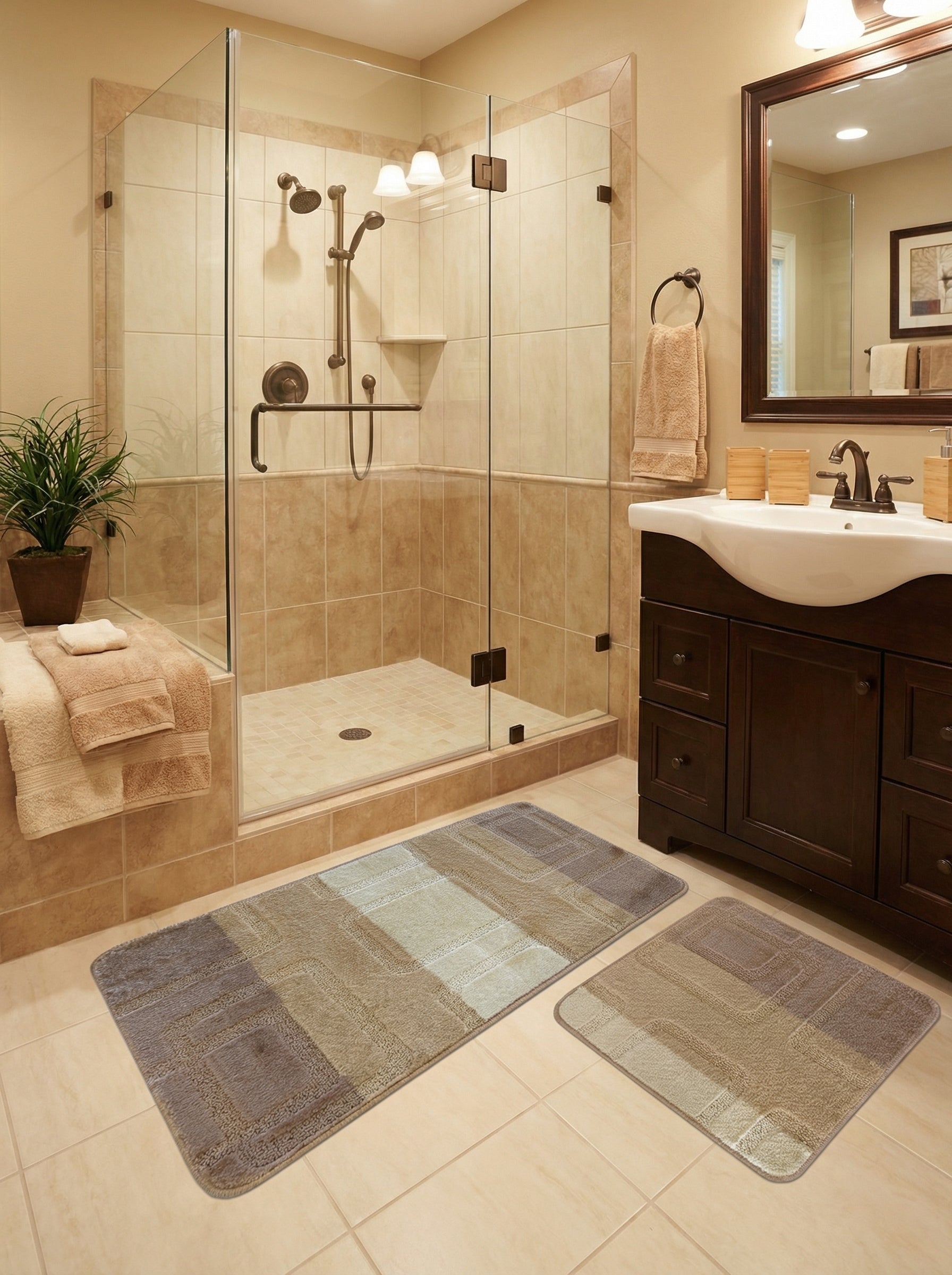 Deux tapis de bain doux aux motifs géométriques en blocs beige, marron et crème sur le sol carrelé d'une salle de bain moderne