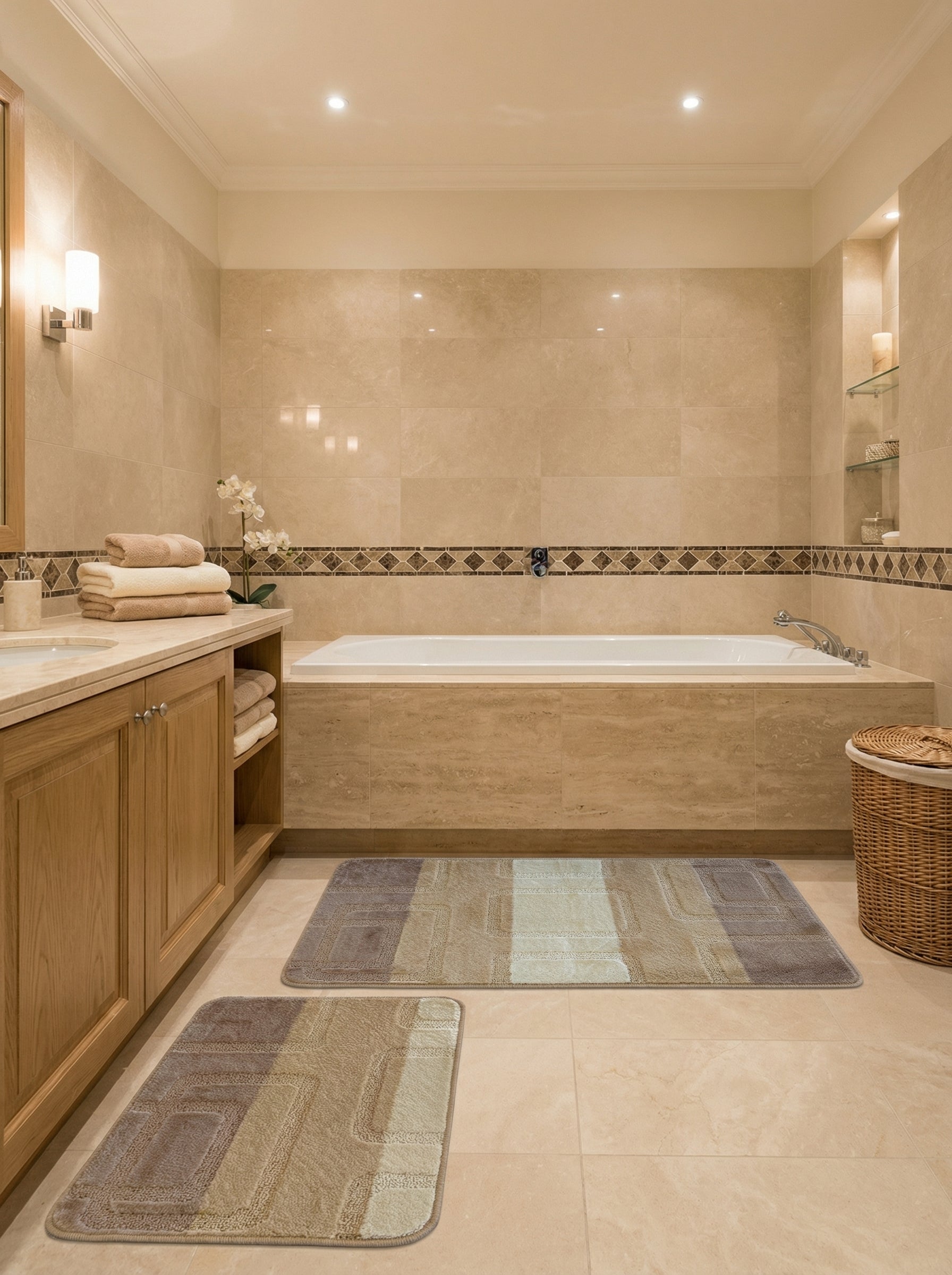 Tapis rectangulaire doux à rayures marron, beige et crème avec motifs géométriques en relief, dans une salle de bain carrelée