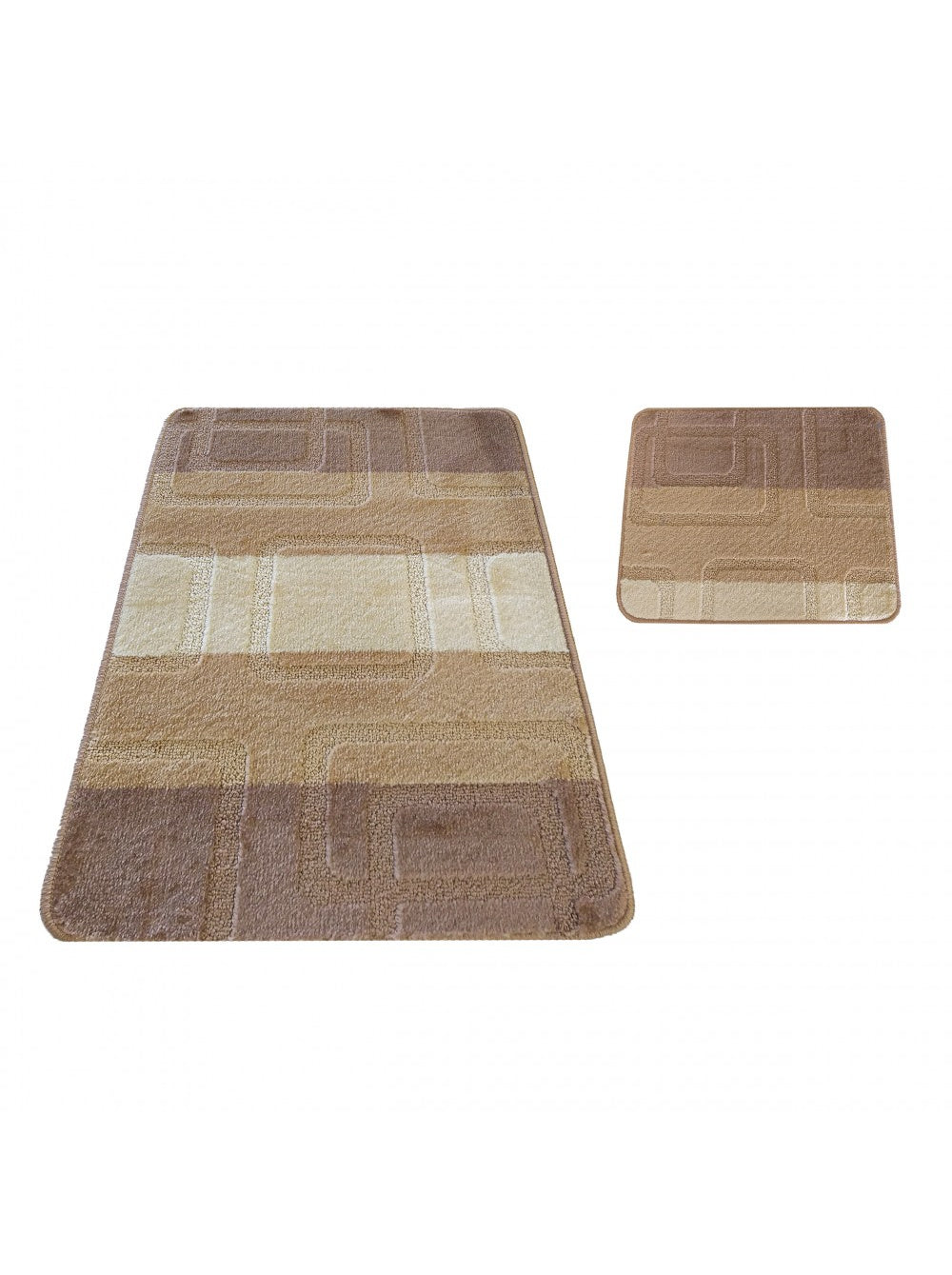Deux tapis texturés, un grand et un petit, aux bandes horizontales marron, beige et crème et un motif géométrique en relief