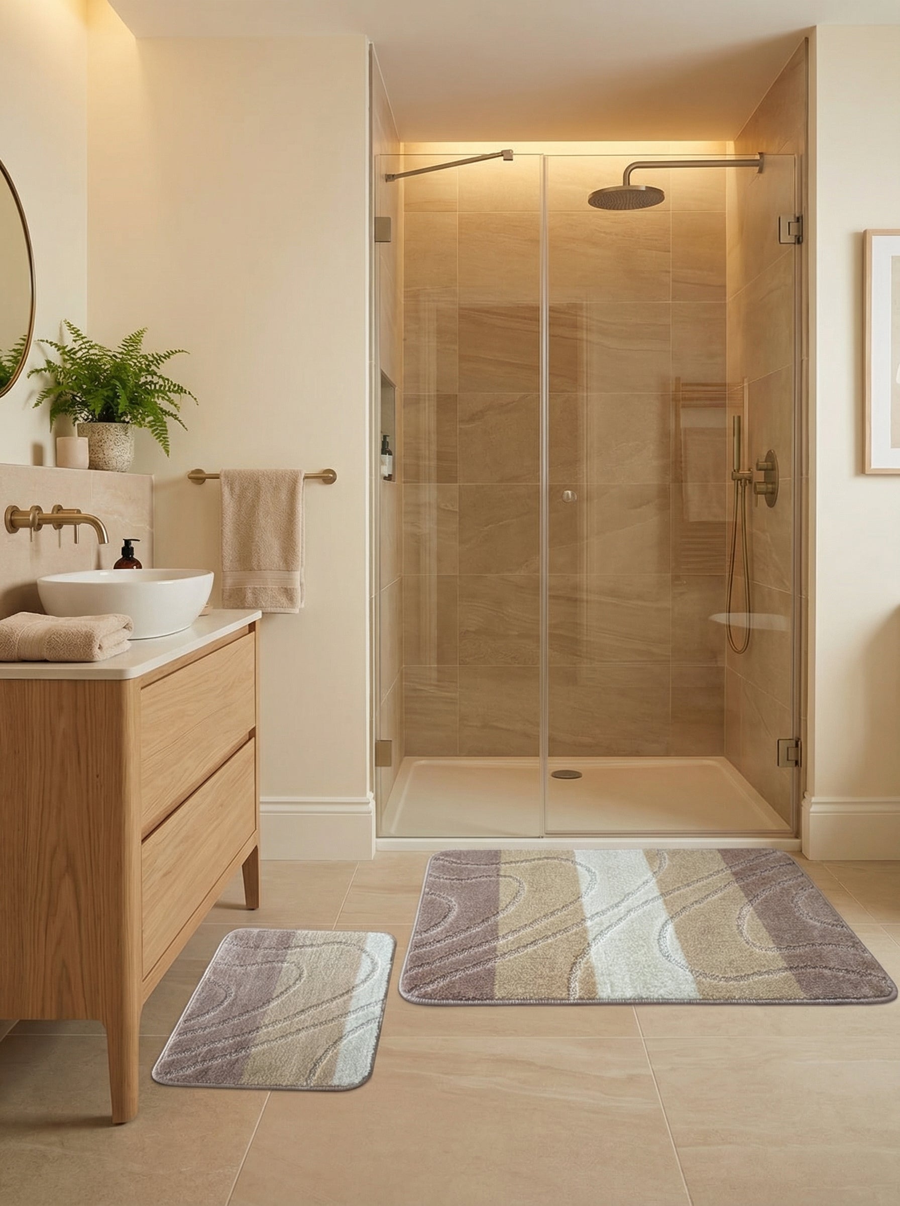 Tapis de bain rectangulaires à rayures ondulées crème, beiges et taupe, sur un sol carrelé dans une salle de bain lumineuse