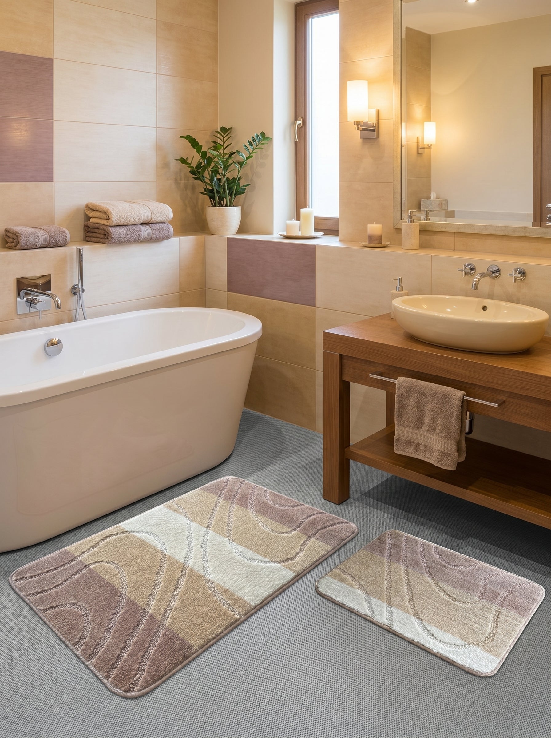 Deux tapis rectangulaires moelleux à motifs abstraits ondulés beiges, crème et taupe, sur le sol d'une salle de bain