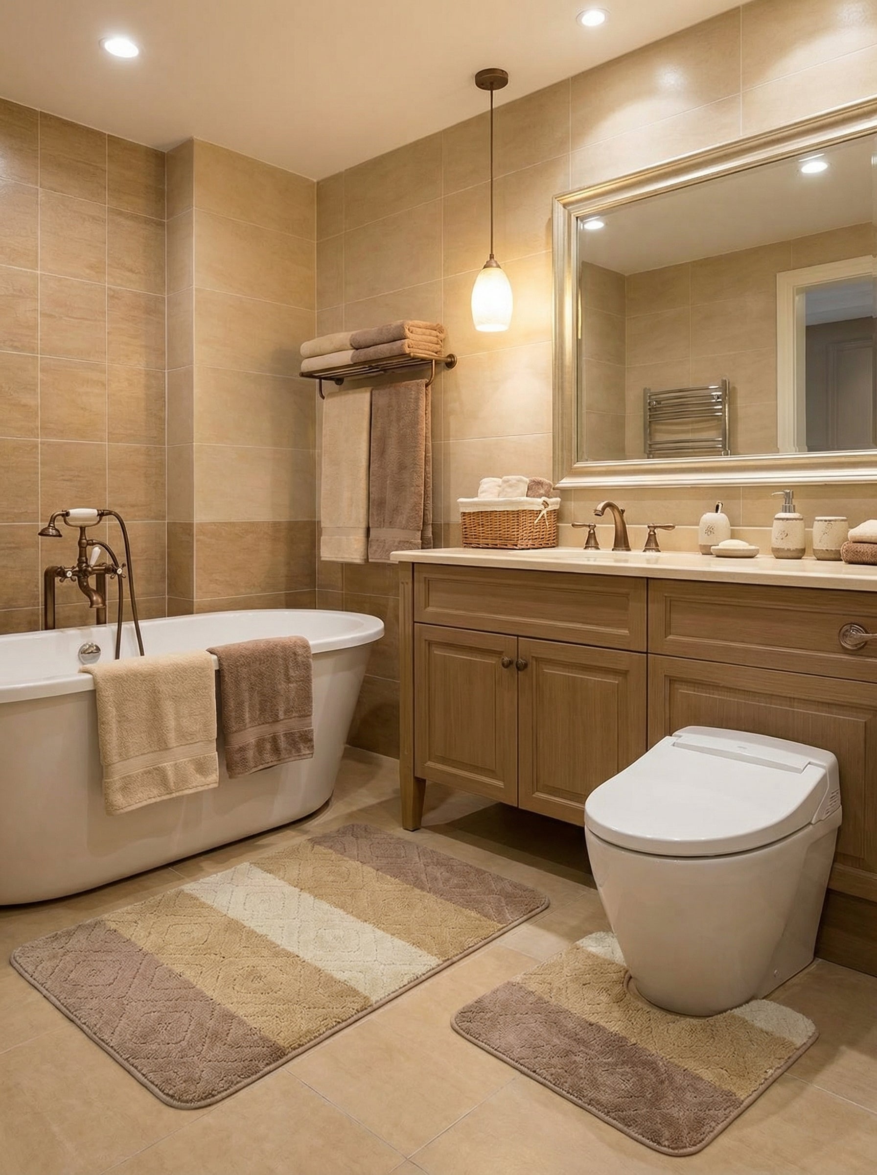Ensemble de deux tapis de bain moelleux aux nuances de beige et marron, à rayures diagonales avec motifs losanges, dans une salle de bain moderne