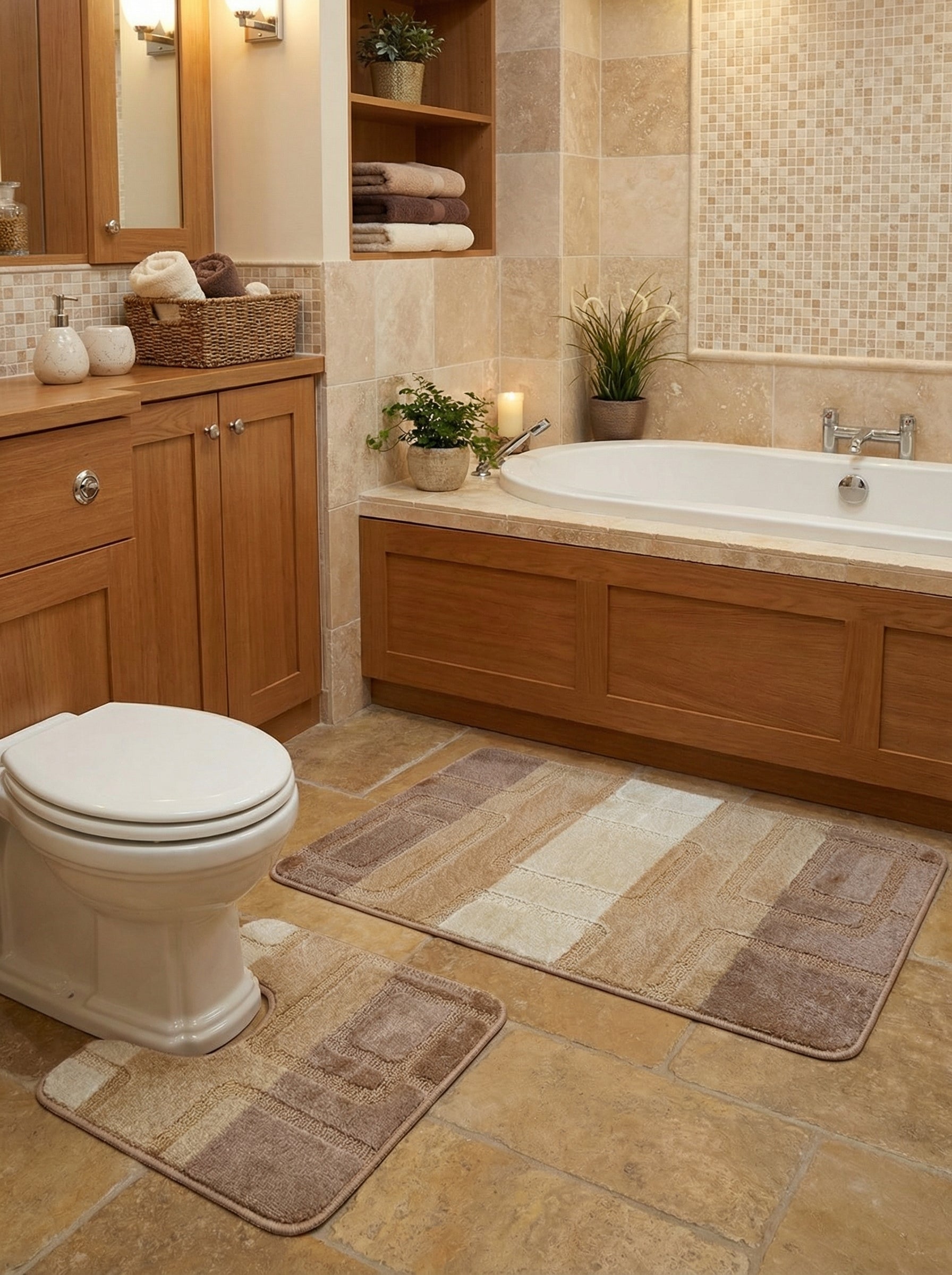 Deux tapis de bain moelleux, un rectangulaire et un en U, avec des motifs géométriques marron, beige et crème, dans une salle de bain