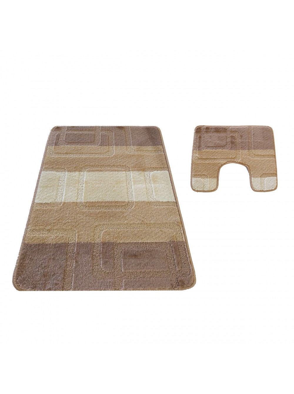 Deux tapis moelleux, un rectangulaire et un en U, aux motifs géométriques de bandes beiges, marron clair et crème