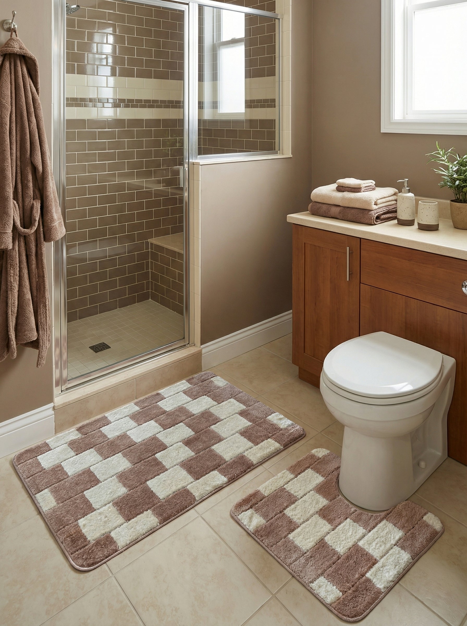 Deux tapis de bain moelleux à carreaux marron clair et crème dans une salle de bain