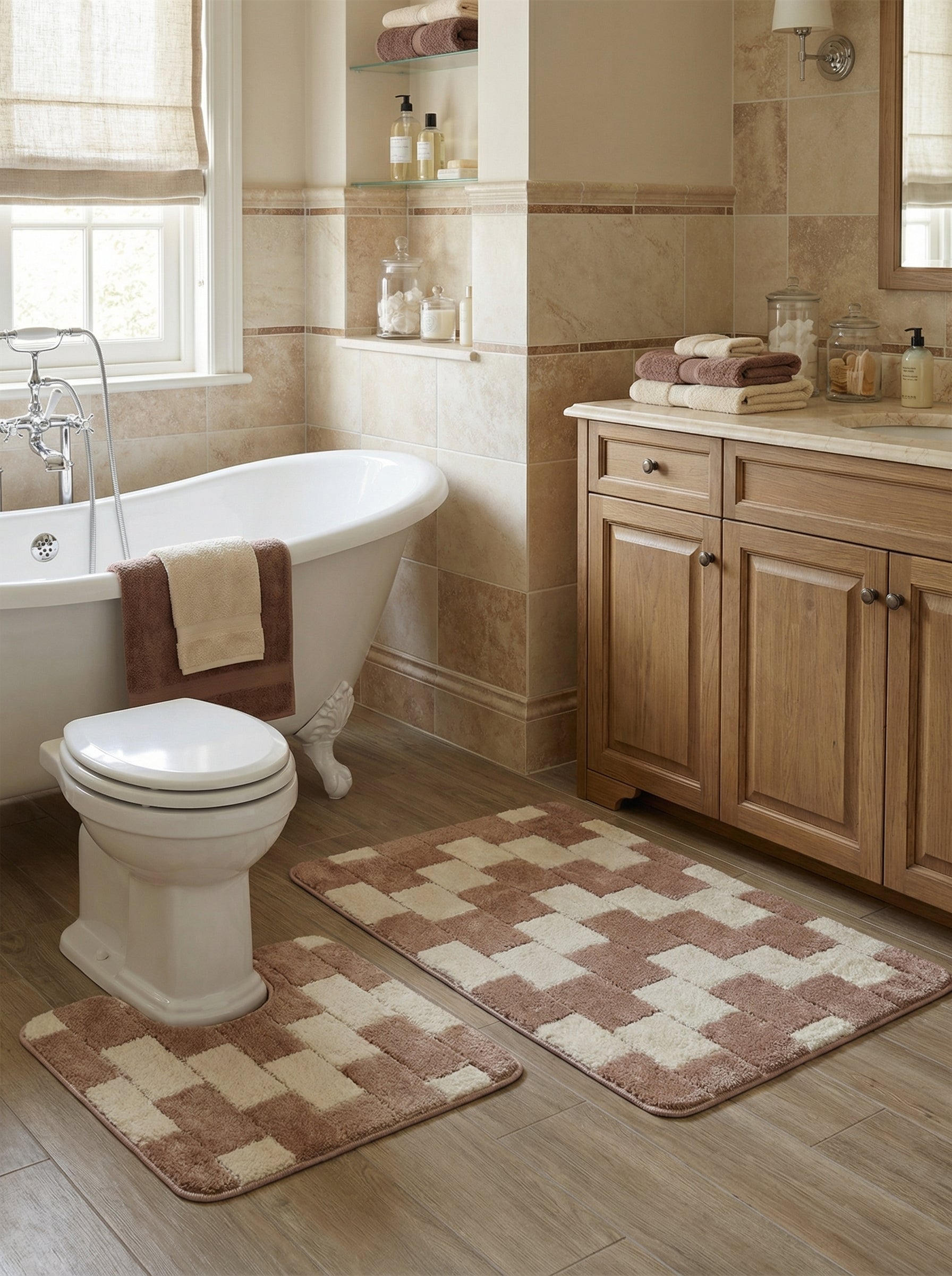 Deux tapis de bain moelleux, beige et crème, à motifs de blocs géométriques en damier décalé, dans une salle de bain