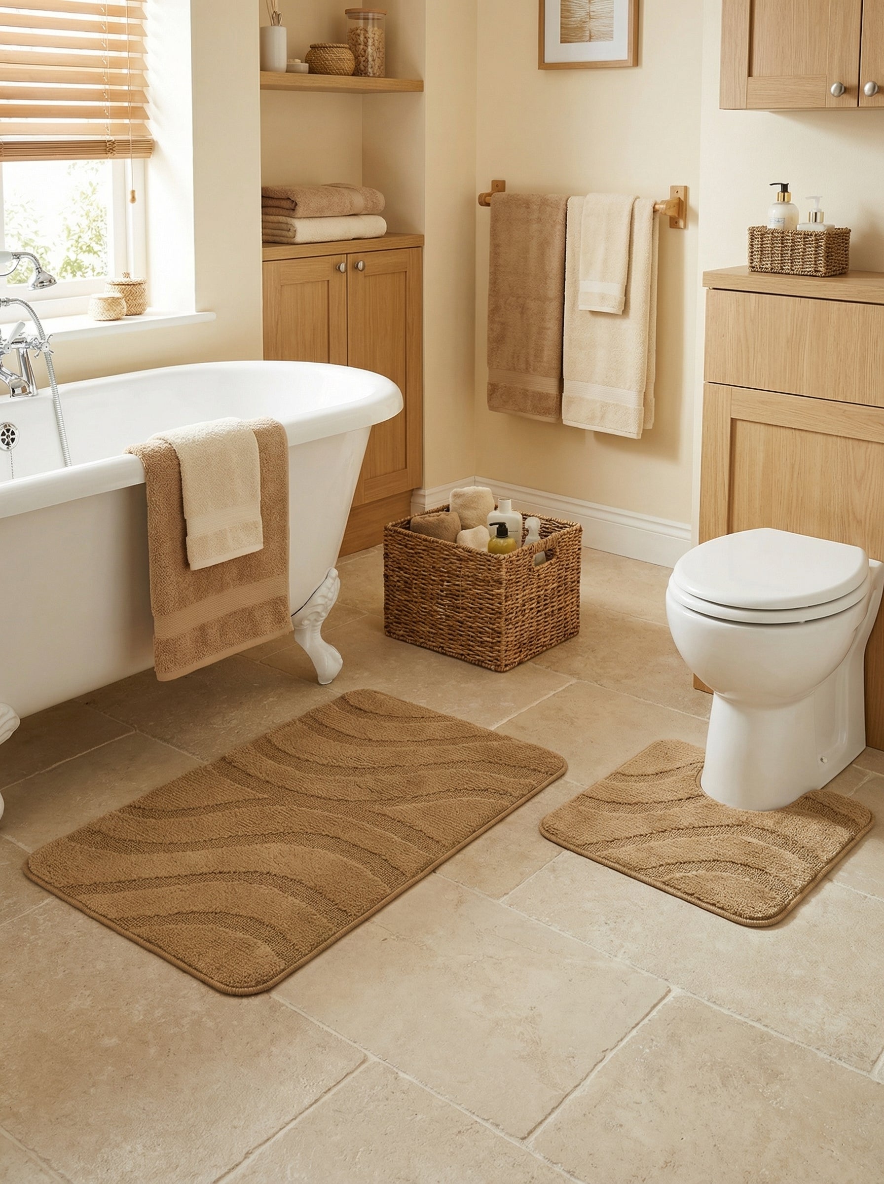 Ensemble de deux tapis de bain camel, l'un rectangulaire et l'autre en U, avec des motifs de vagues en relief, dans une salle de bain