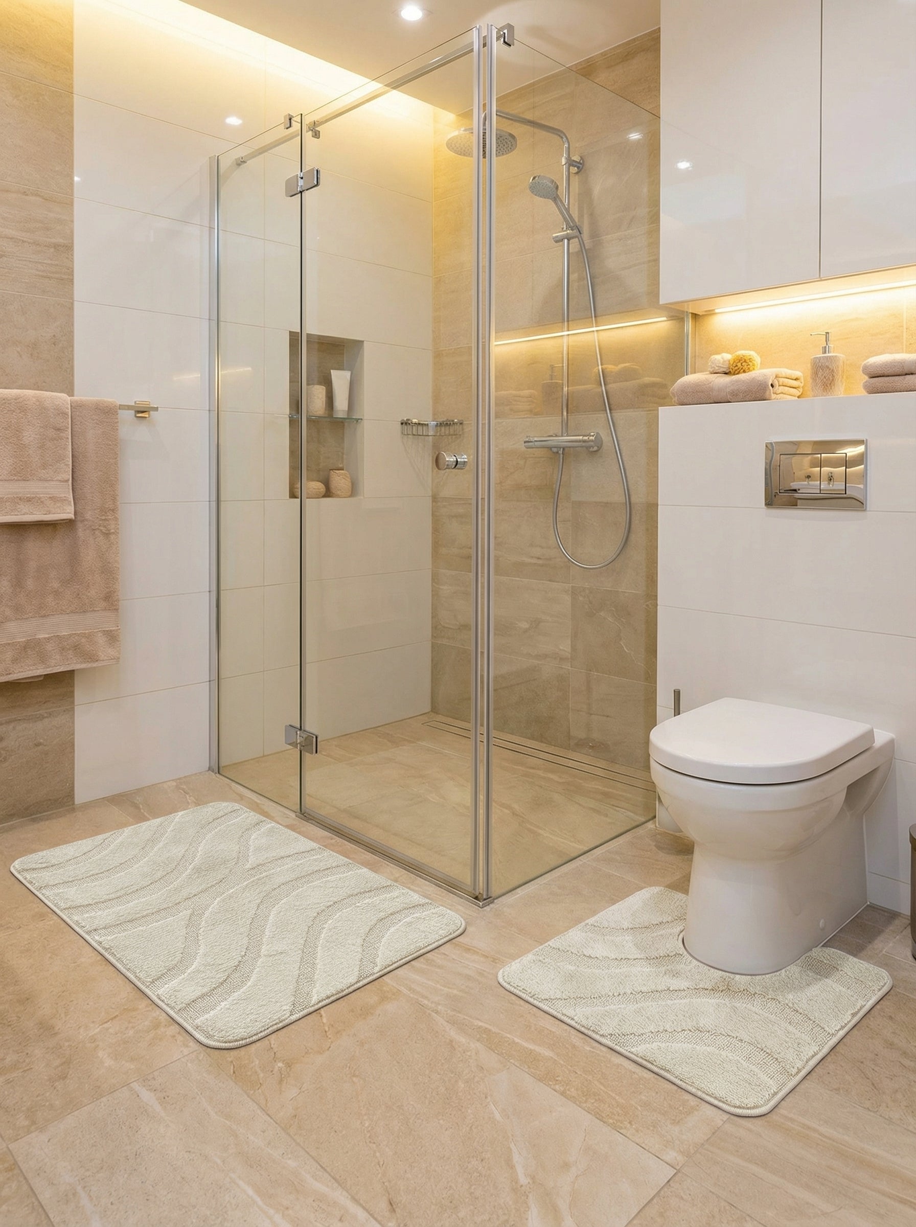 Deux tapis crème à motifs ondulés texturés, un rectangulaire et un en U, sur le sol carrelé d'une salle de bain