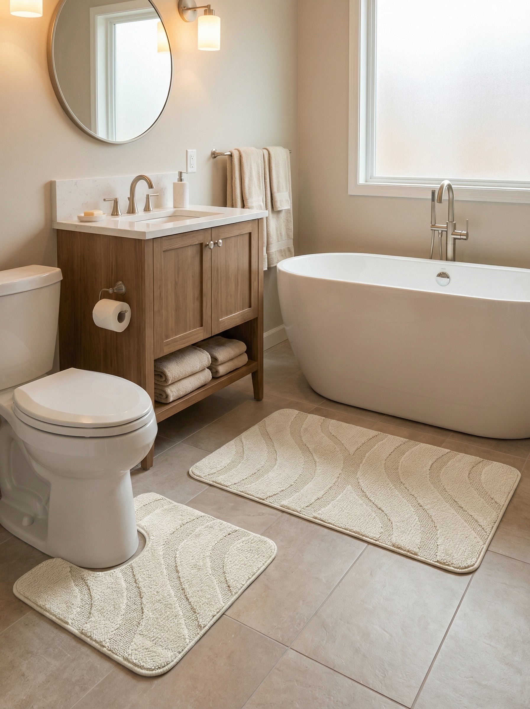 Tapis de bain crème à texture bouclée avec des motifs de vagues en relief, posés sur le sol carrelé d'une salle de bain