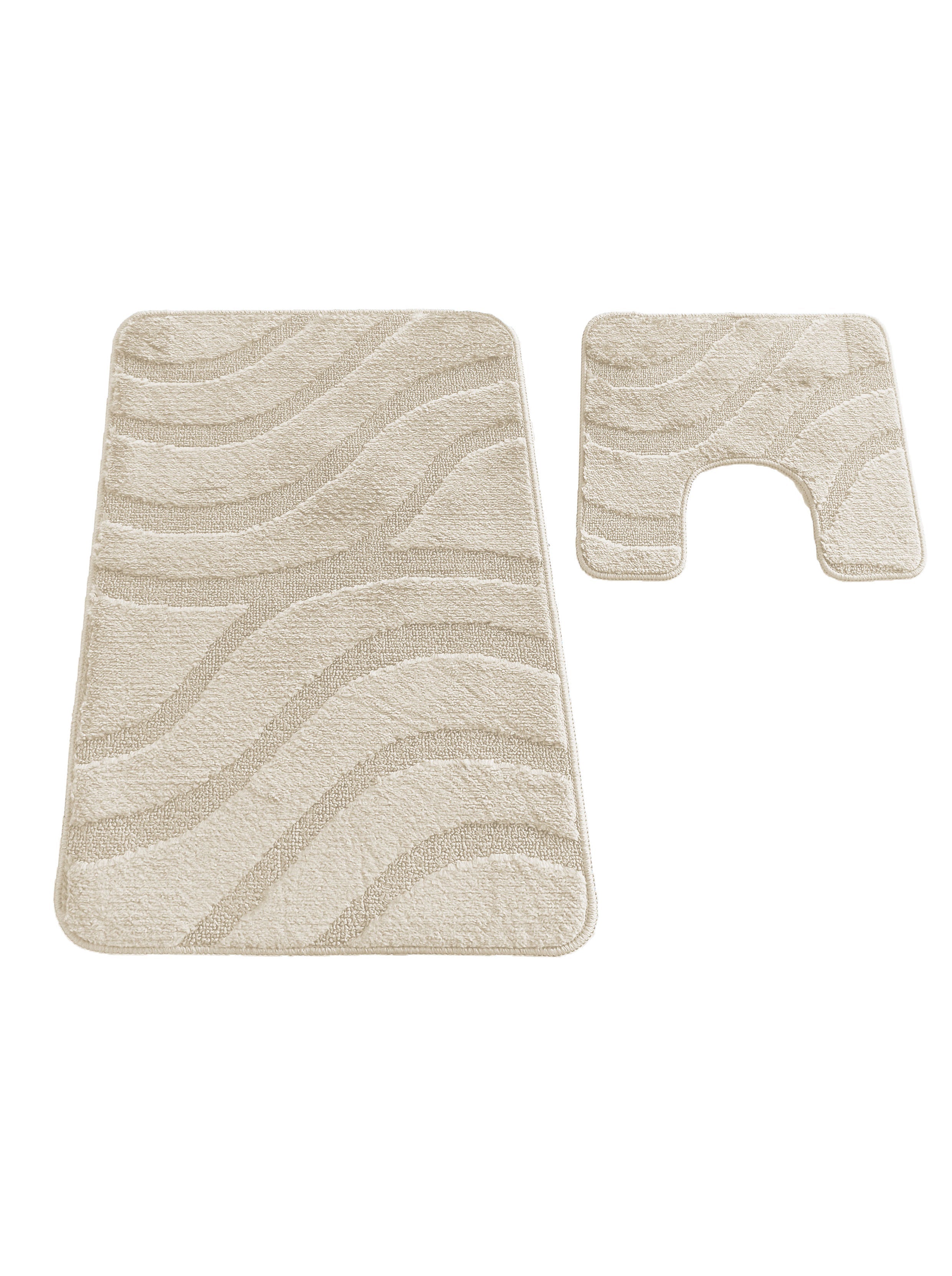 Ensemble de deux tapis doux beige clair, l'un rectangulaire et l'autre en U, avec des motifs de vagues ton sur ton