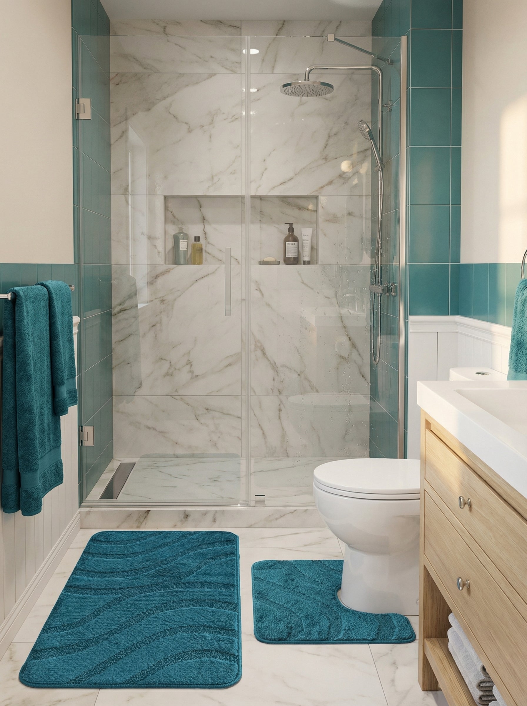 Tapis de bain turquoise en tissu éponge à motif de vagues, posés au sol d'une salle de bain