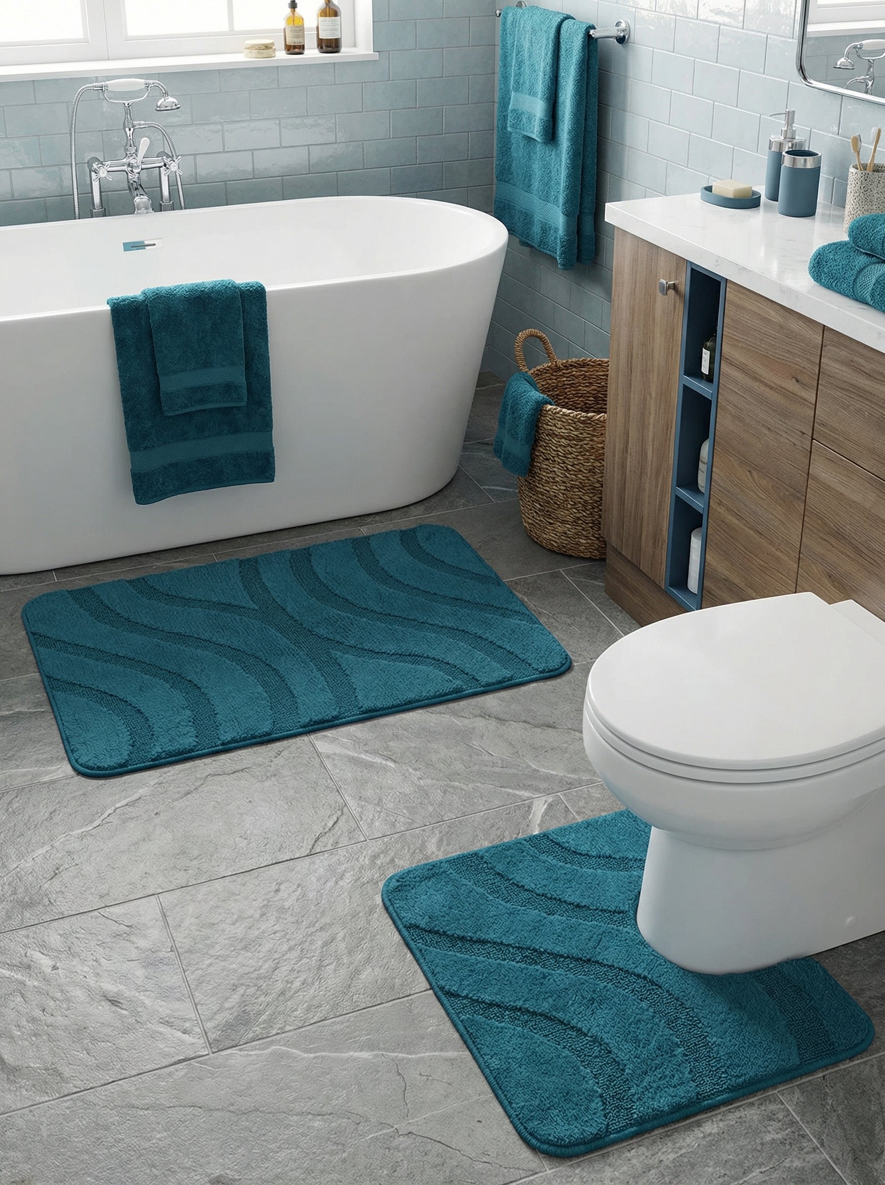 Tapis de bain rectangulaire bleu canard avec des motifs de vagues en relief, posé sur un sol carrelé dans une salle de bain