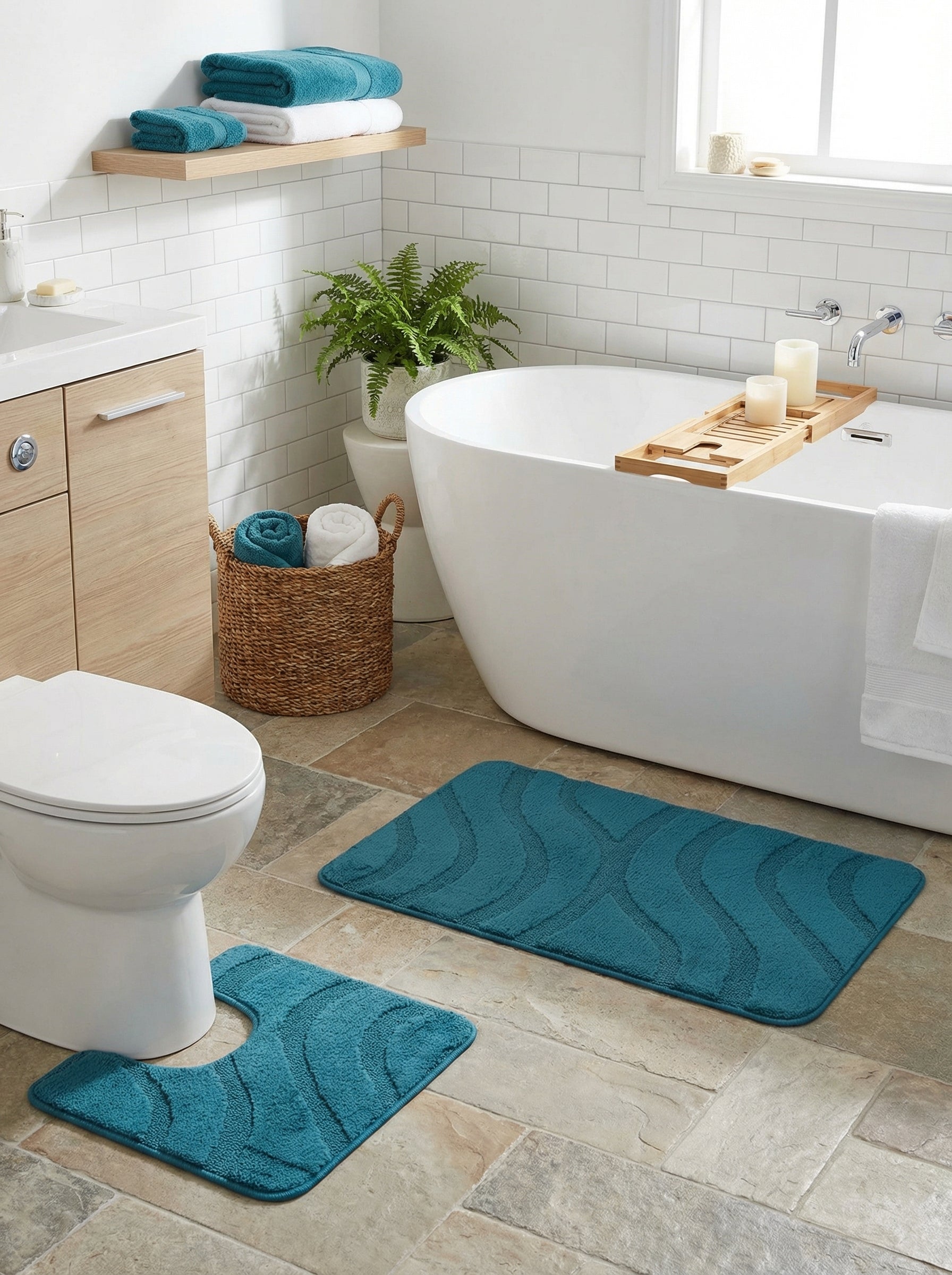 Deux tapis de bain éponge turquoise aux motifs ondulés en relief, un rectangulaire et un en U, dans une salle de bain