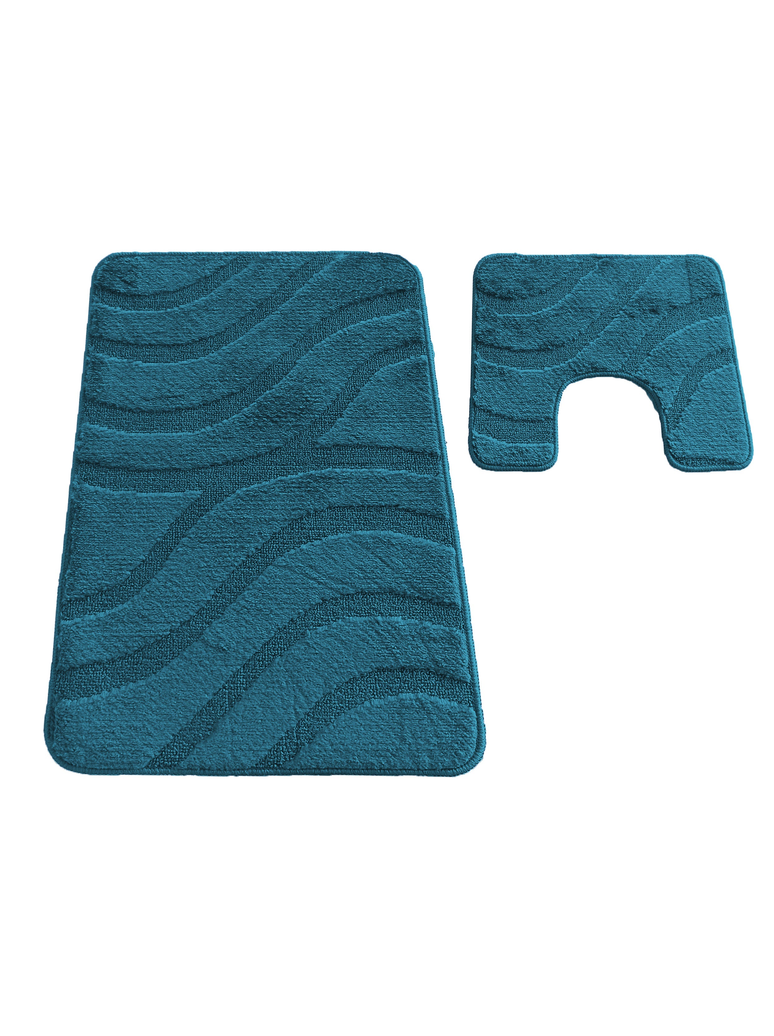 Ensemble de deux tapis moelleux bleus turquoise, l'un rectangulaire, l'autre en forme de U, avec des motifs de vagues