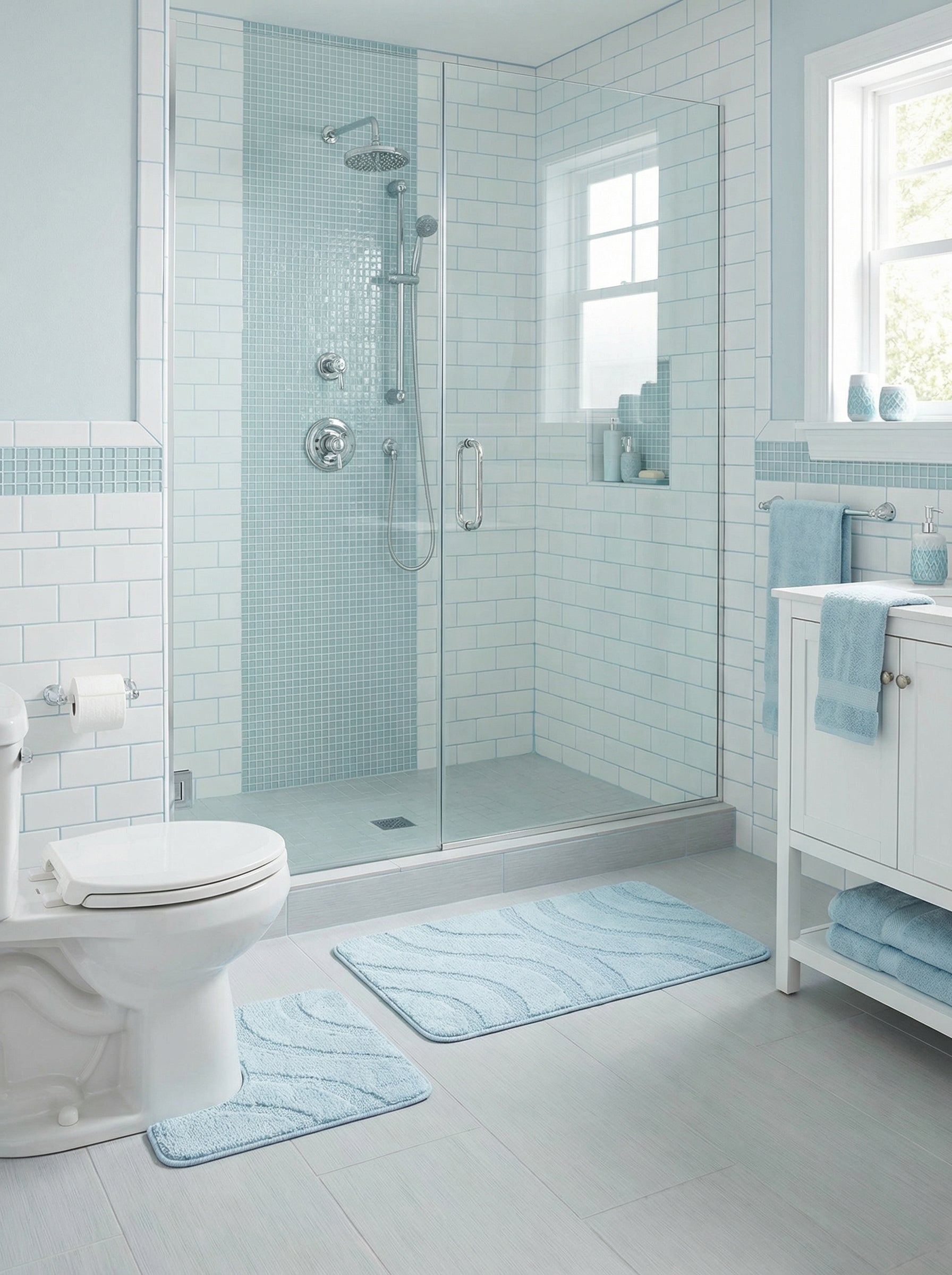 Deux tapis de bain bleu clair, un rectangulaire et un en forme de U, avec des motifs de vagues stylisées sur le sol d'une salle de bain moderne