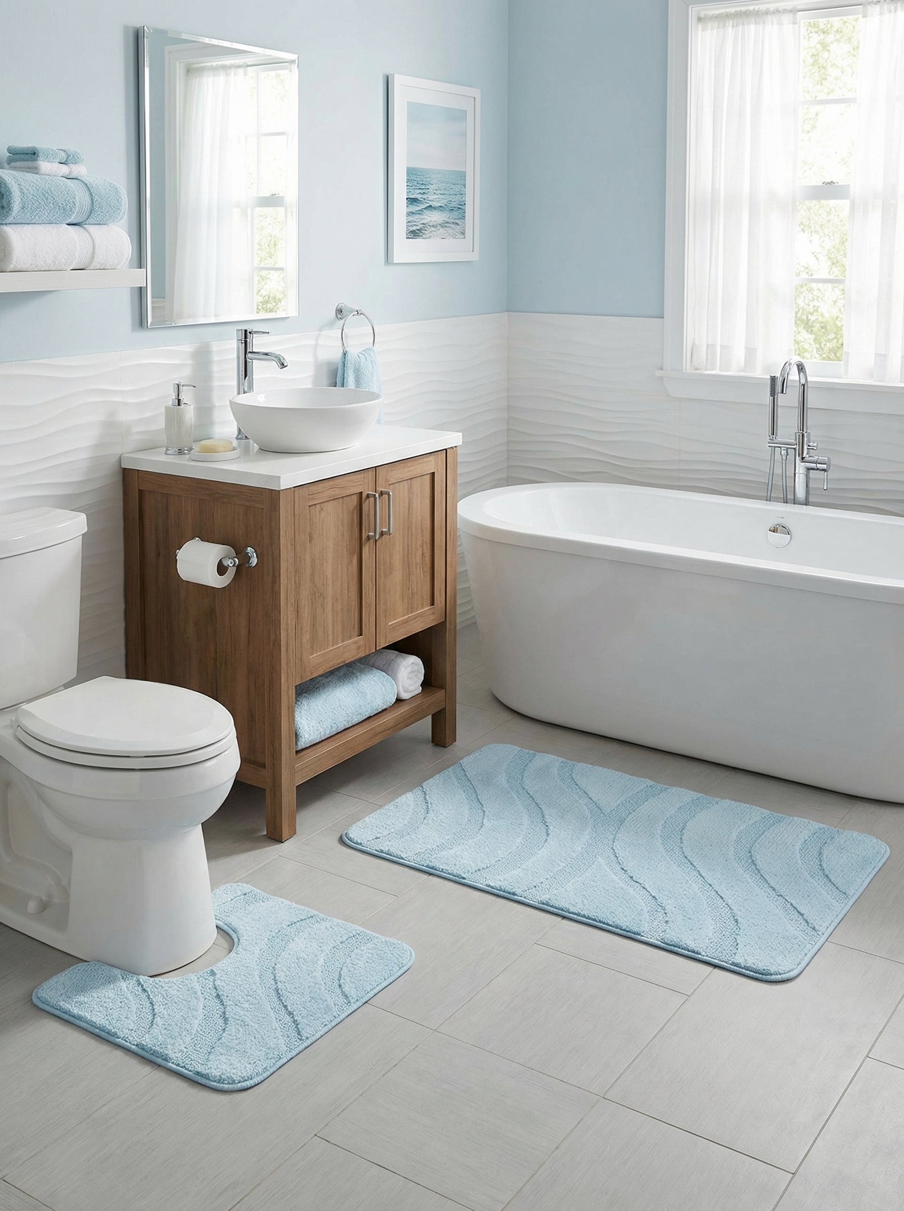 Ensemble de deux tapis de bain moelleux bleu clair avec motifs de vagues en relief, posés dans une salle de bain moderne