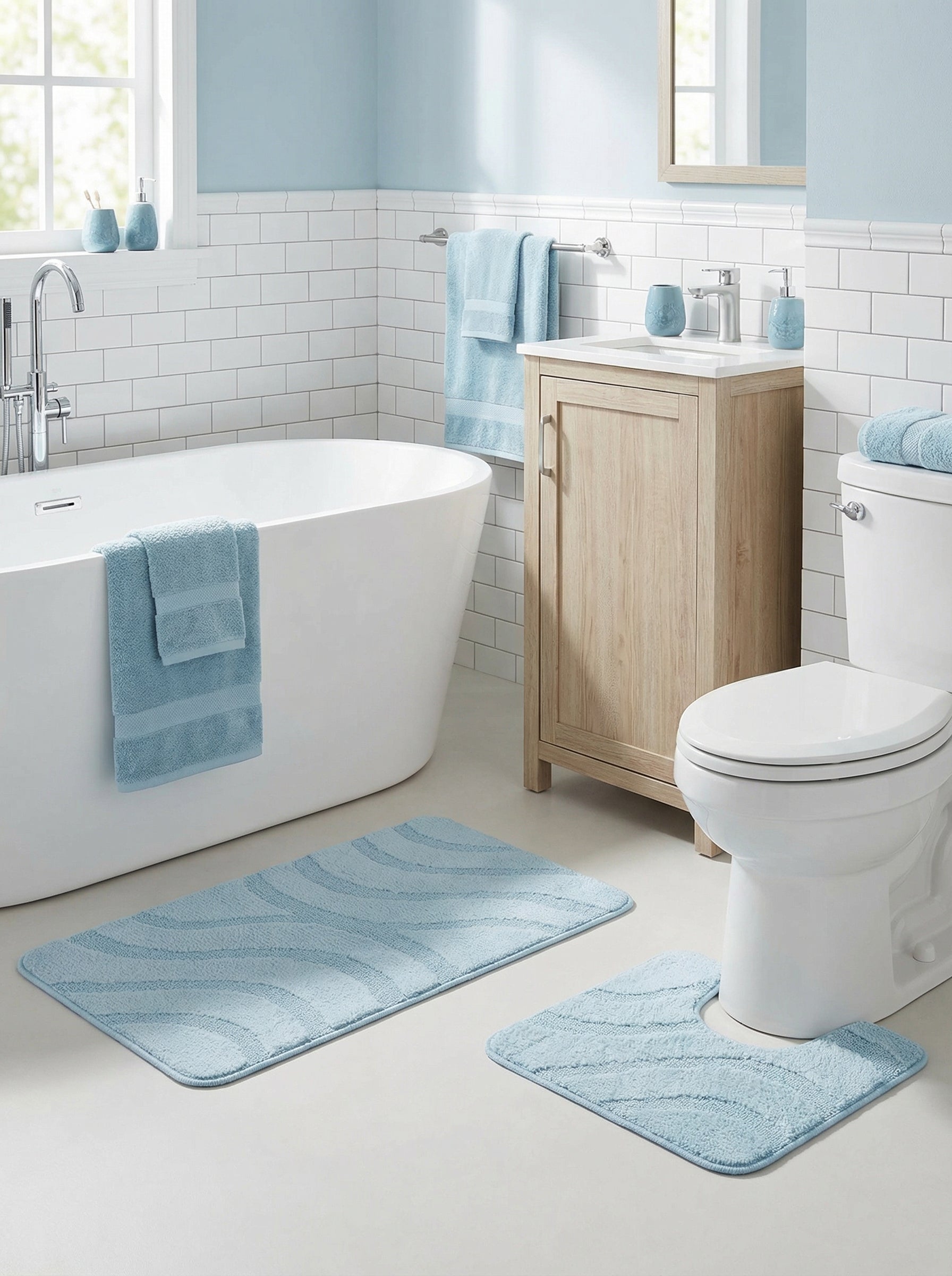 Deux tapis de bain bleus avec des motifs ondulés, l'un rectangulaire et l'autre en U, posés dans une salle de bain lumineuse