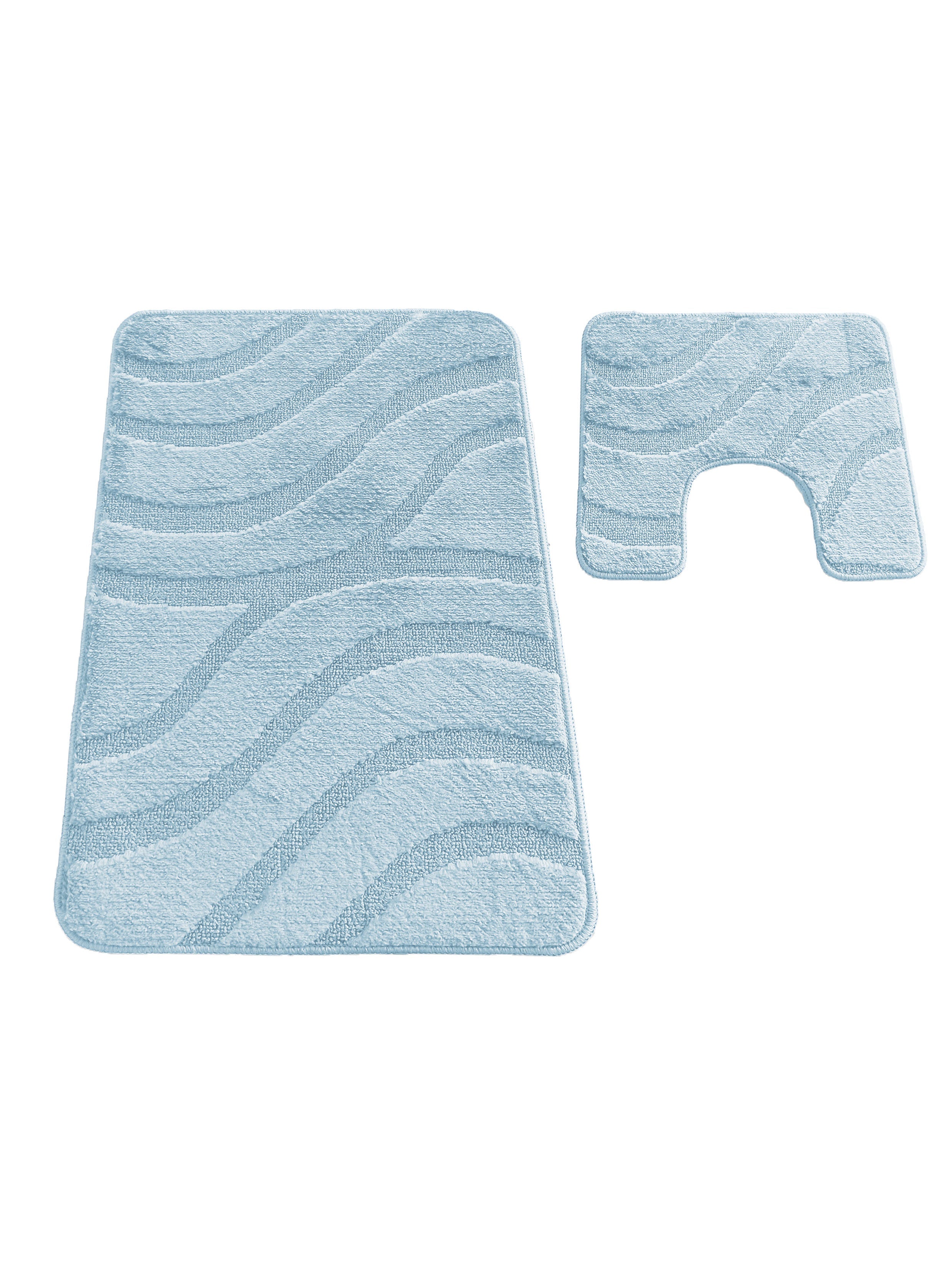 Deux tapis bleu clair en textile doux, l'un rectangulaire et l'autre en forme de U. Les deux ont des motifs ondulés