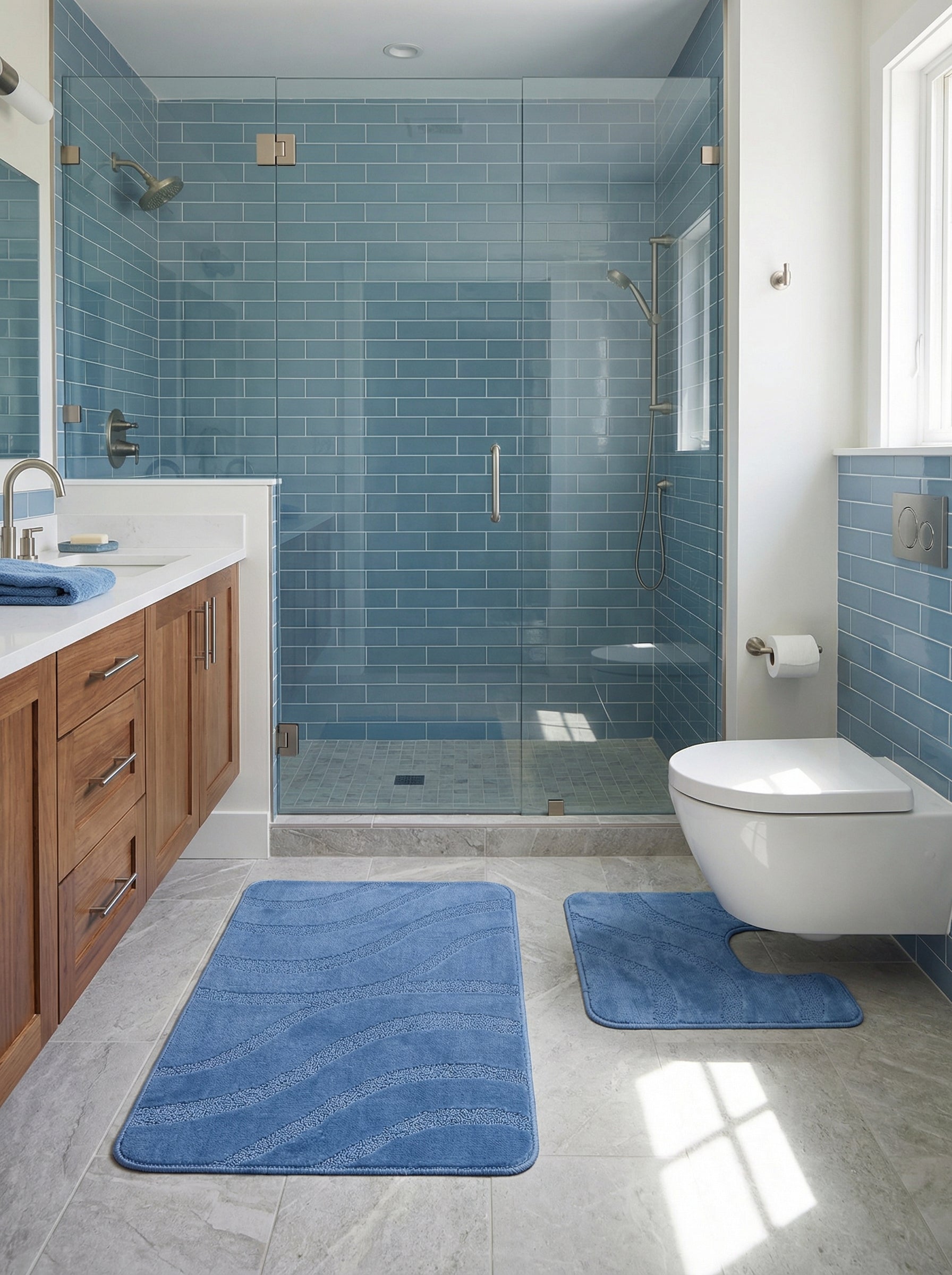 Deux tapis de bain bleus moelleux, à motifs de vagues en relief, l'un rectangulaire, l'autre en U, dans une salle de bain moderne