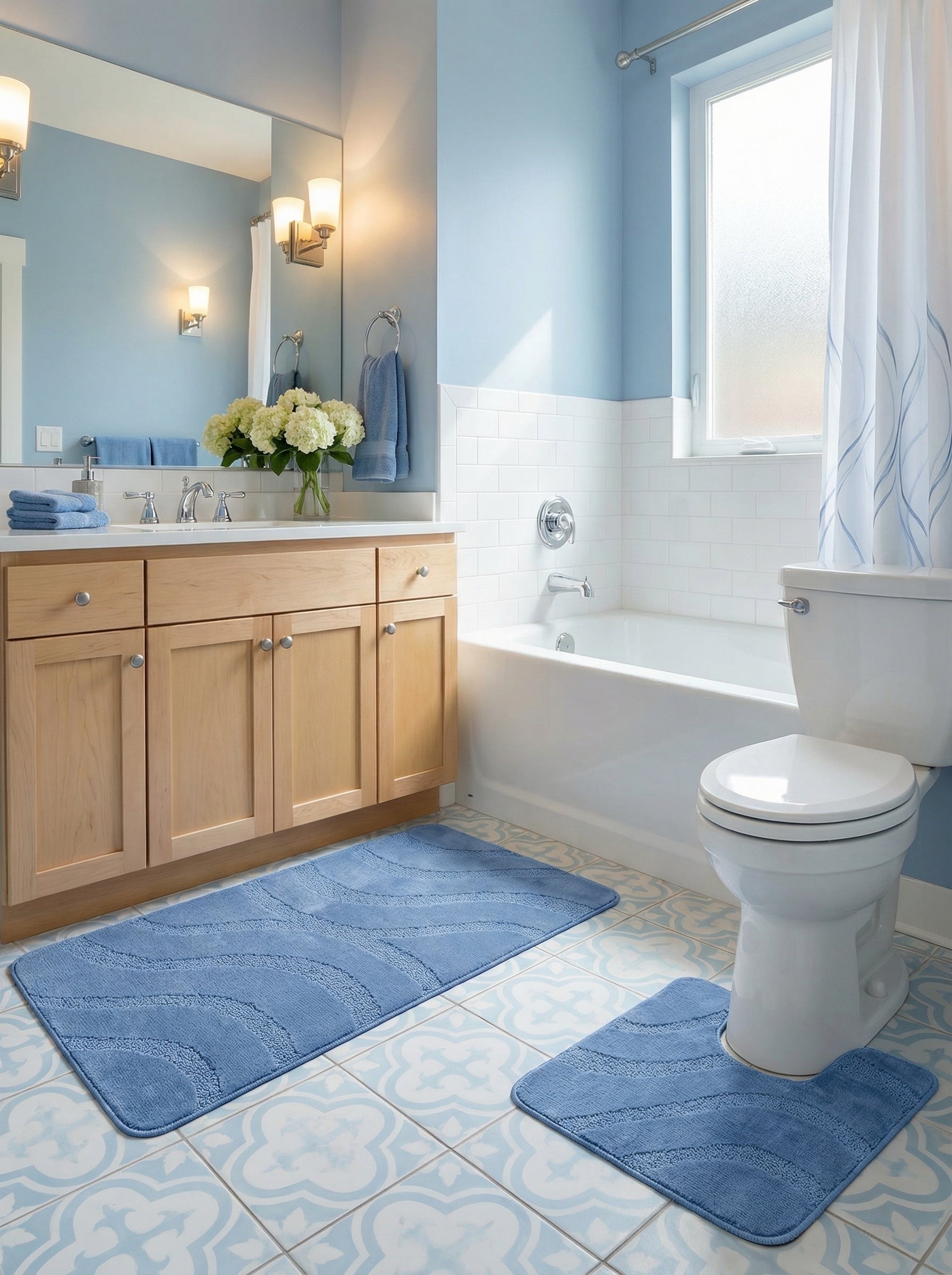 Deux tapis de bain bleus à motifs ondulés, un rectangulaire et un en U, sur le sol carrelé d'une salle de bain