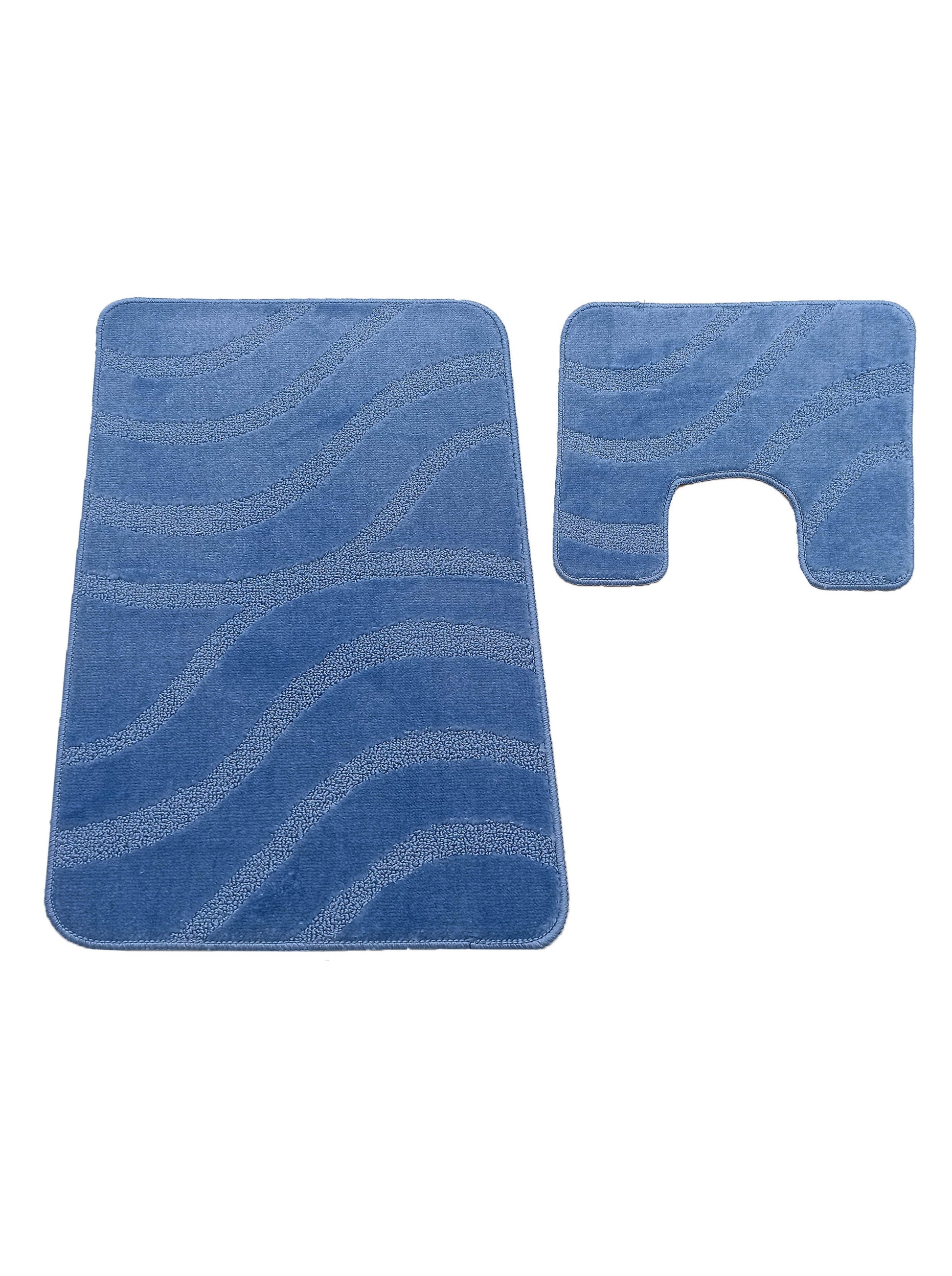 Deux tapis textiles bleus à motifs de vagues texturées. L'un est rectangulaire, l'autre présente une découpe en forme de U