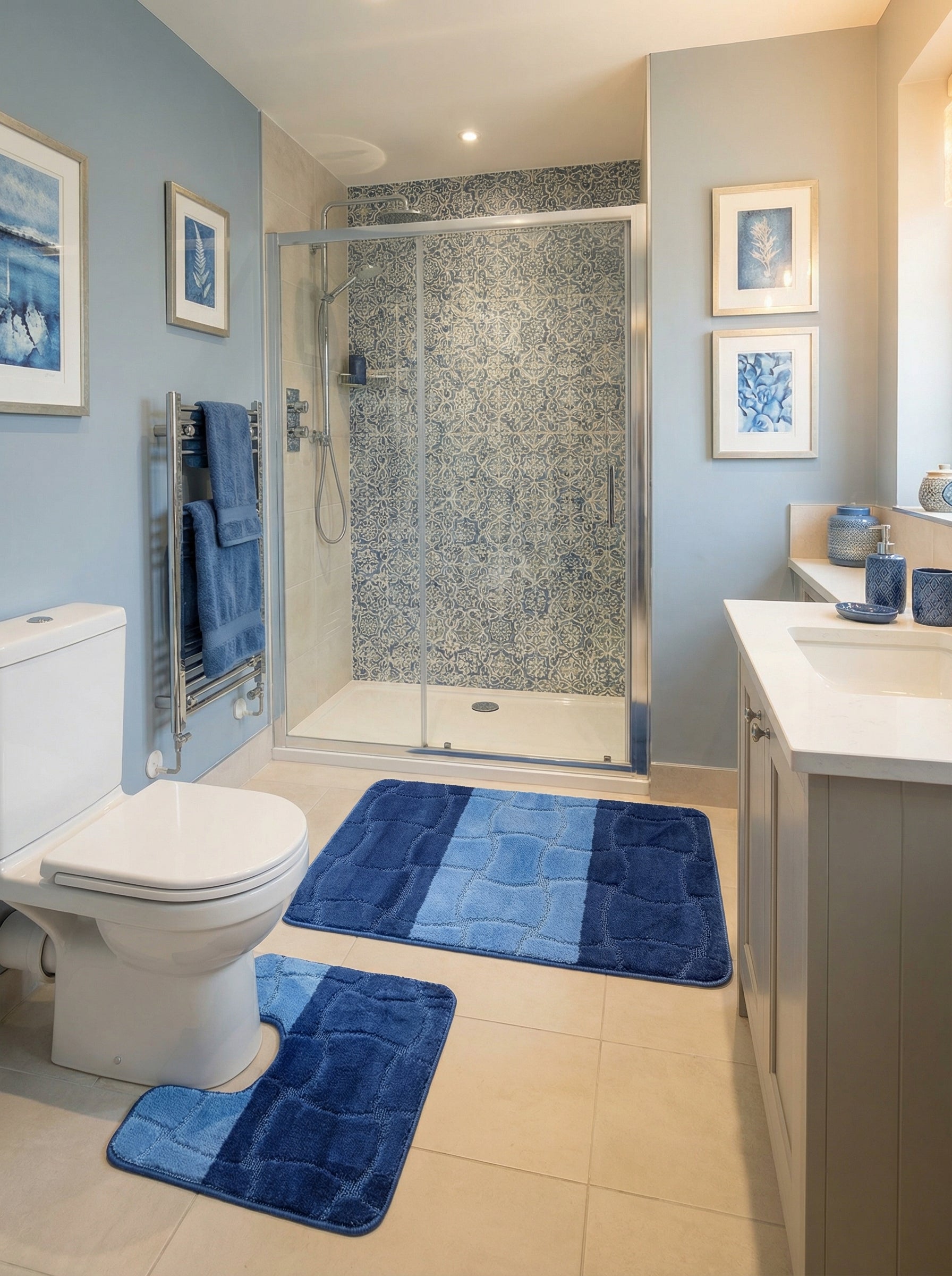 Ensemble de tapis de bain moelleux, bleu marine et bleu clair avec motifs damiers, devant les toilettes et la douche d'une salle de bain