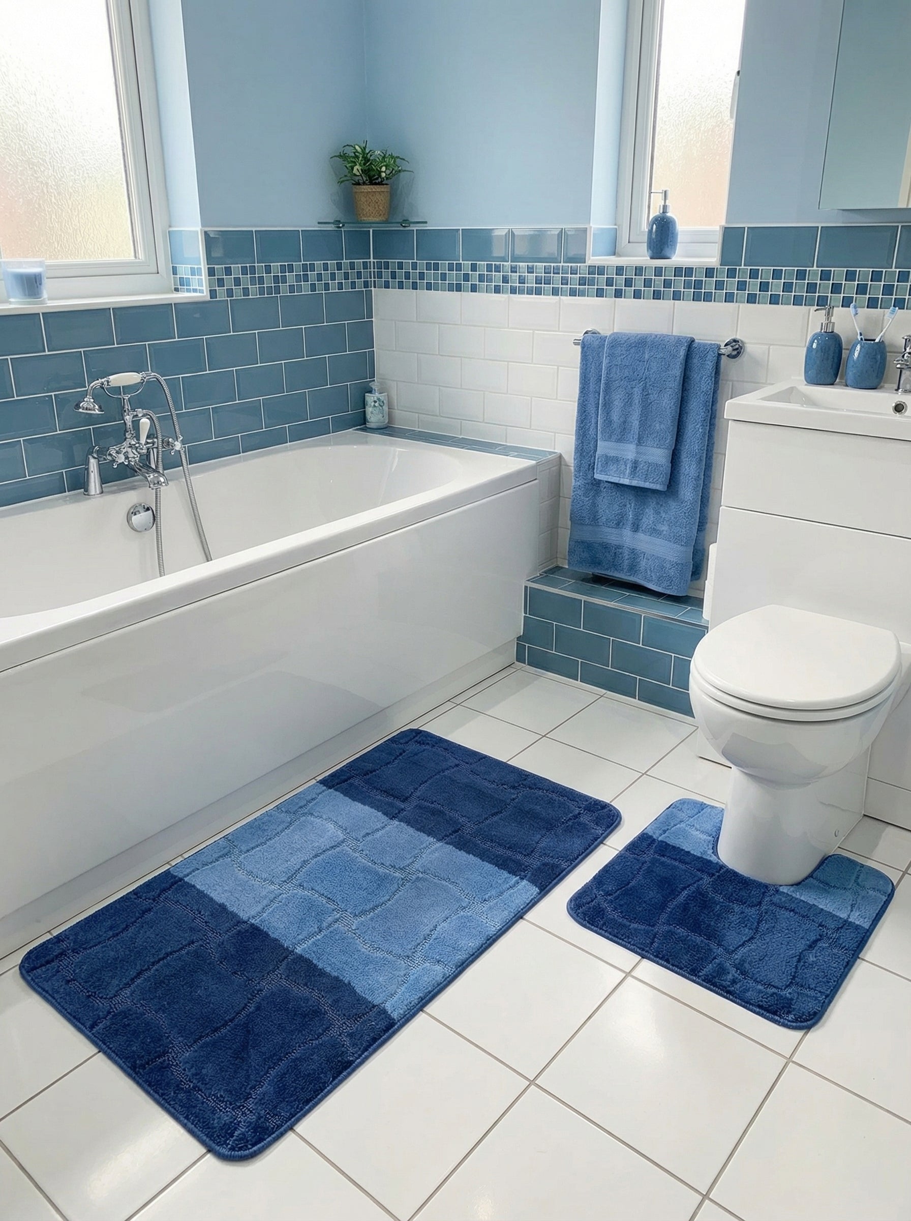 Tapis de bain moelleux bleus, à motifs de blocs rectangulaires alternant teintes claires et foncées, posés sur le sol d'une salle de bain