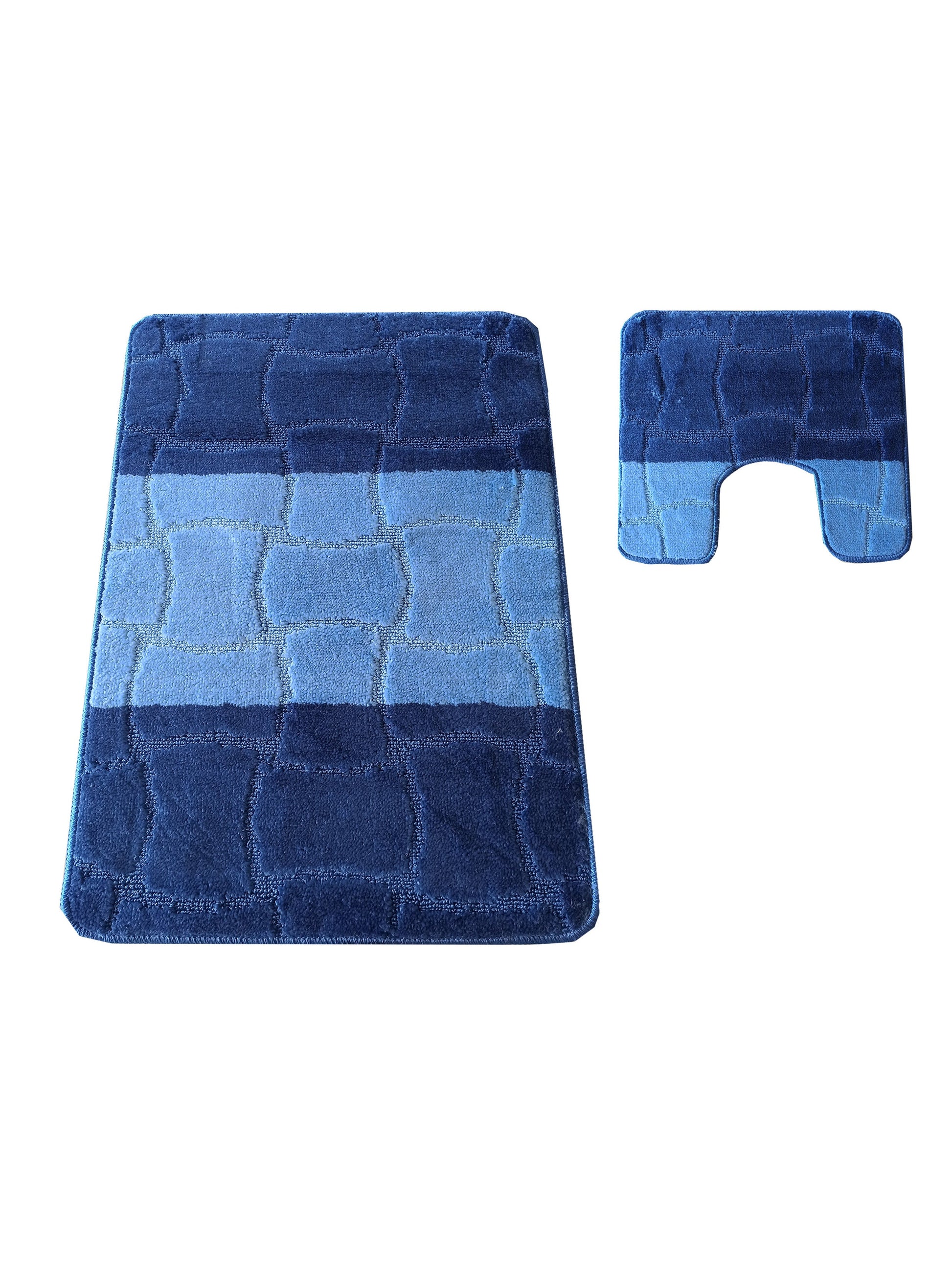Deux tapis en tissu bleu Un rectangulaire et un en U, avec deux nuances de bleu et un motif de pavés en relief