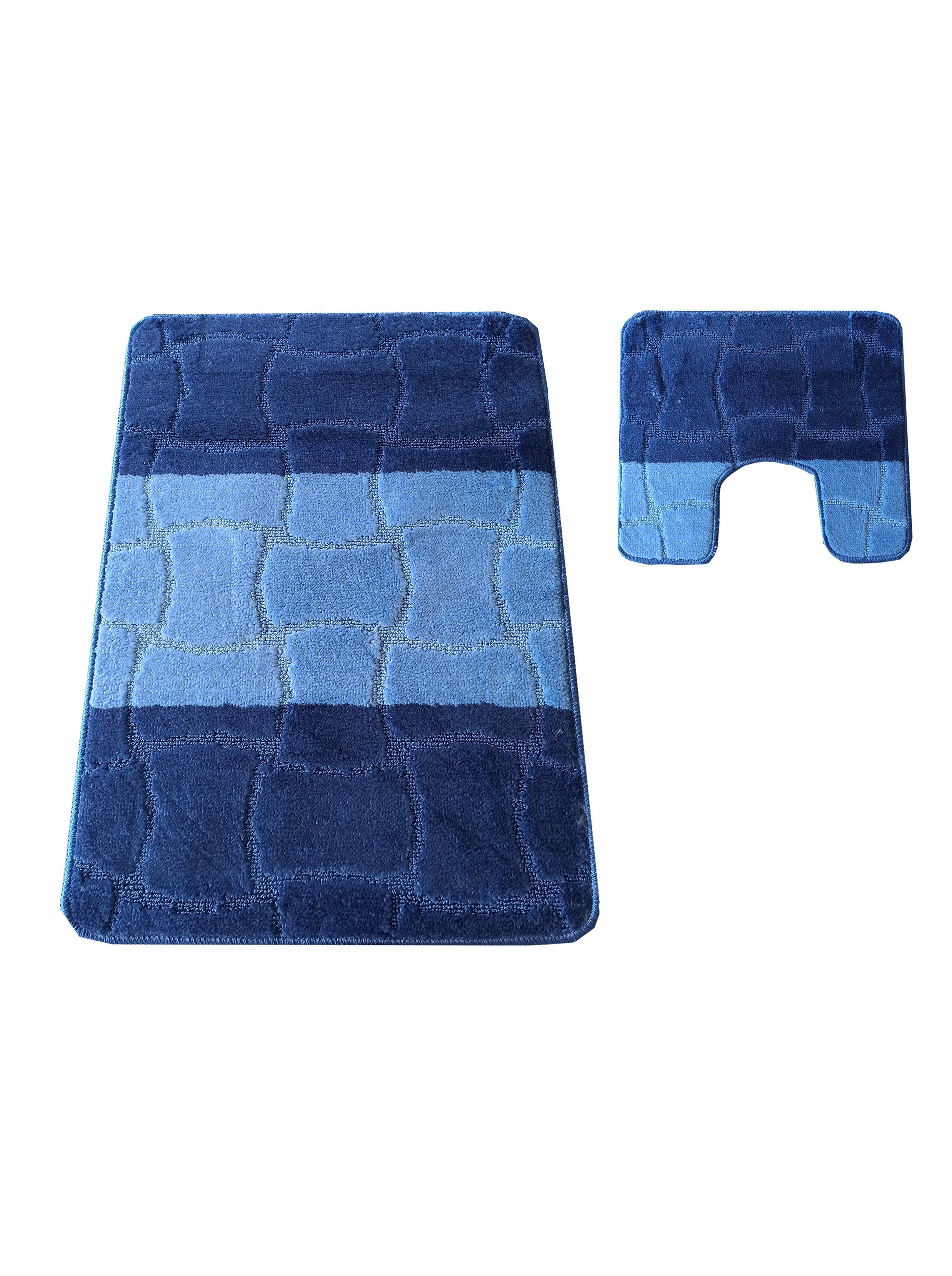 Deux tapis en tissu bleu Un rectangulaire et un en U, avec deux nuances de bleu et un motif de pavés en relief
