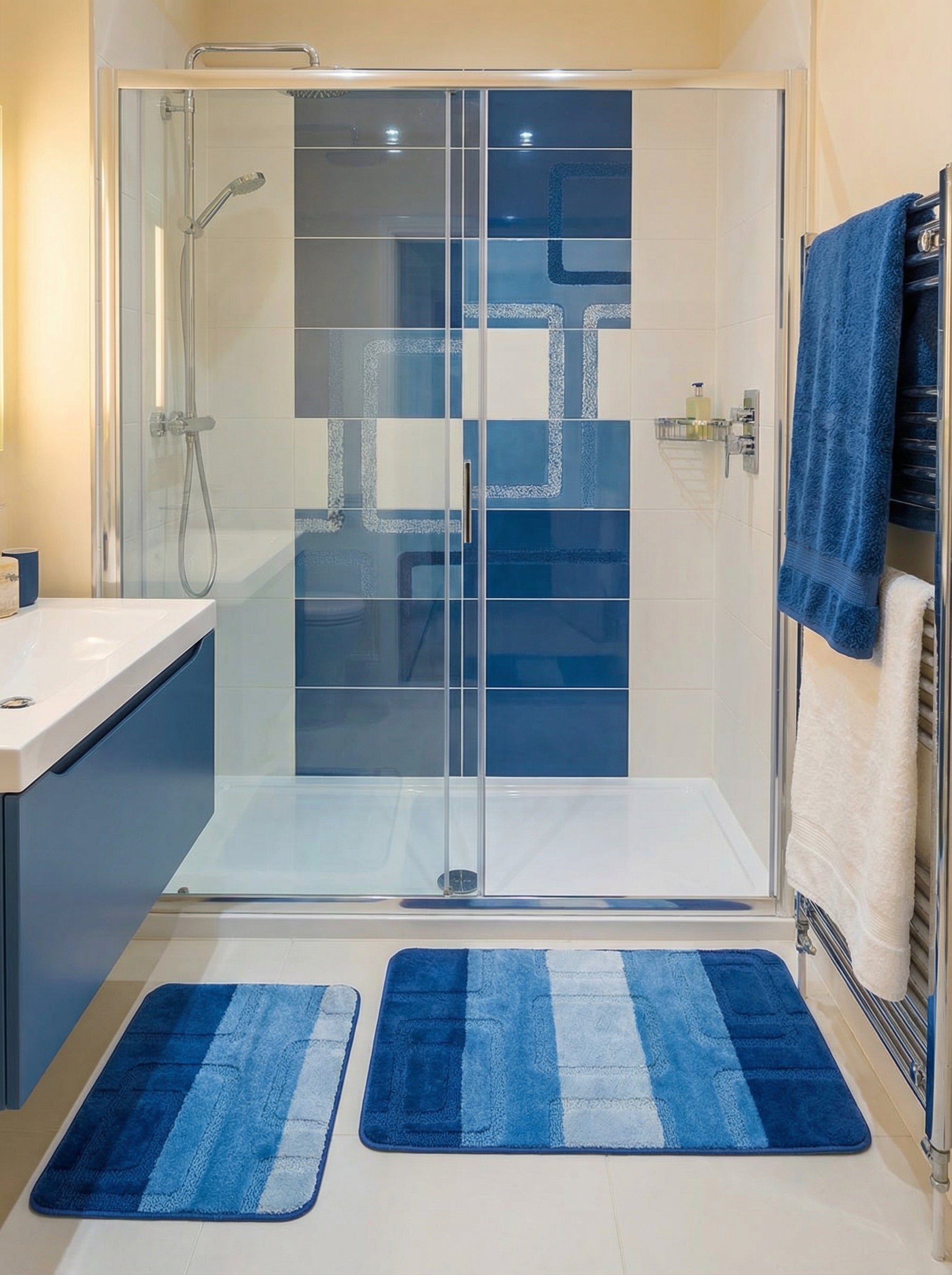 Deux tapis de bain en tissu doux, rayés en dégradé de bleu clair à foncé, sont posés sur le carrelage d'une salle de bain