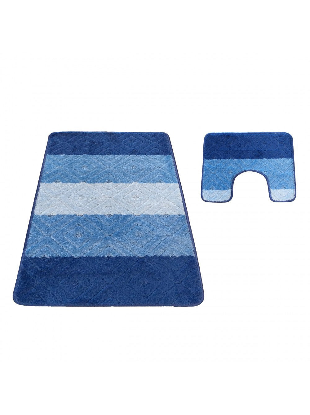 Un ensemble de deux tapis bleus avec des rayures horizontales de différentes nuances et des motifs de losanges subtils