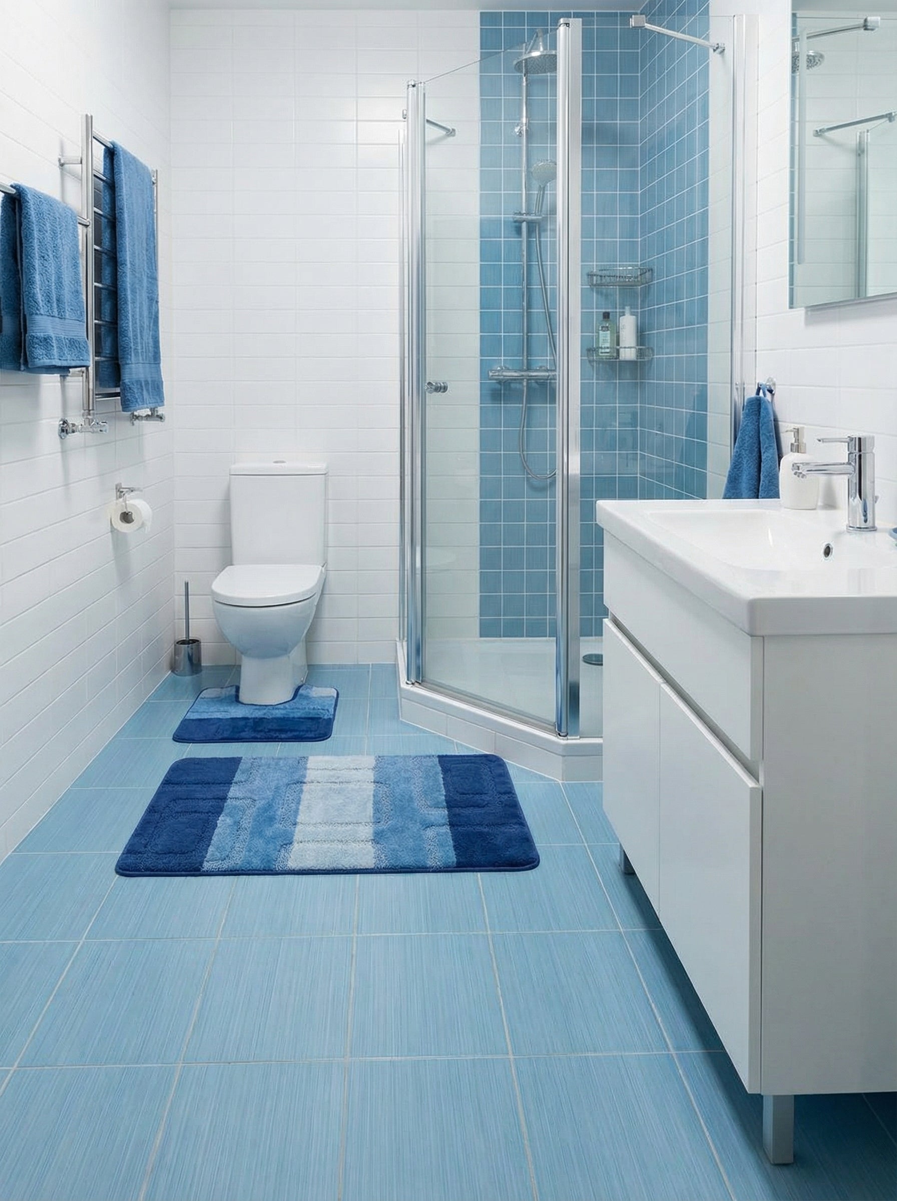 Tapis rectangulaire à rayures bleues (foncé, clair) et blanches, à la texture douce et moelleuse, posé dans une salle de bain