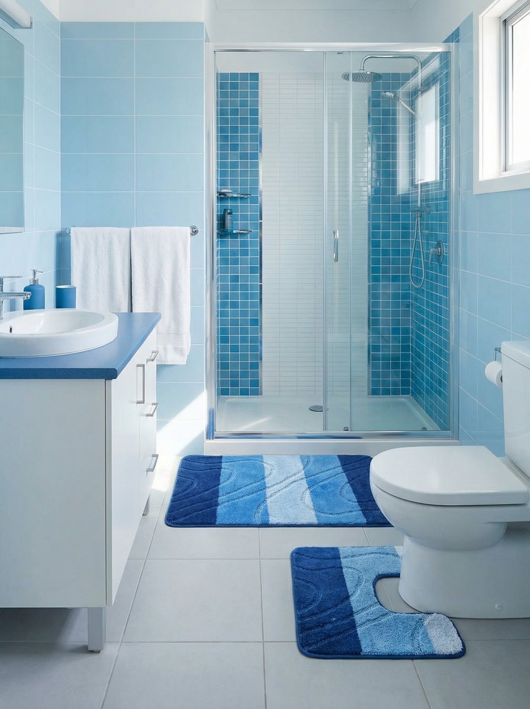 Deux tapis de bain bleus aux motifs ondulés, l'un rectangulaire devant une douche, l'autre en U devant des toilettes dans une salle de bain