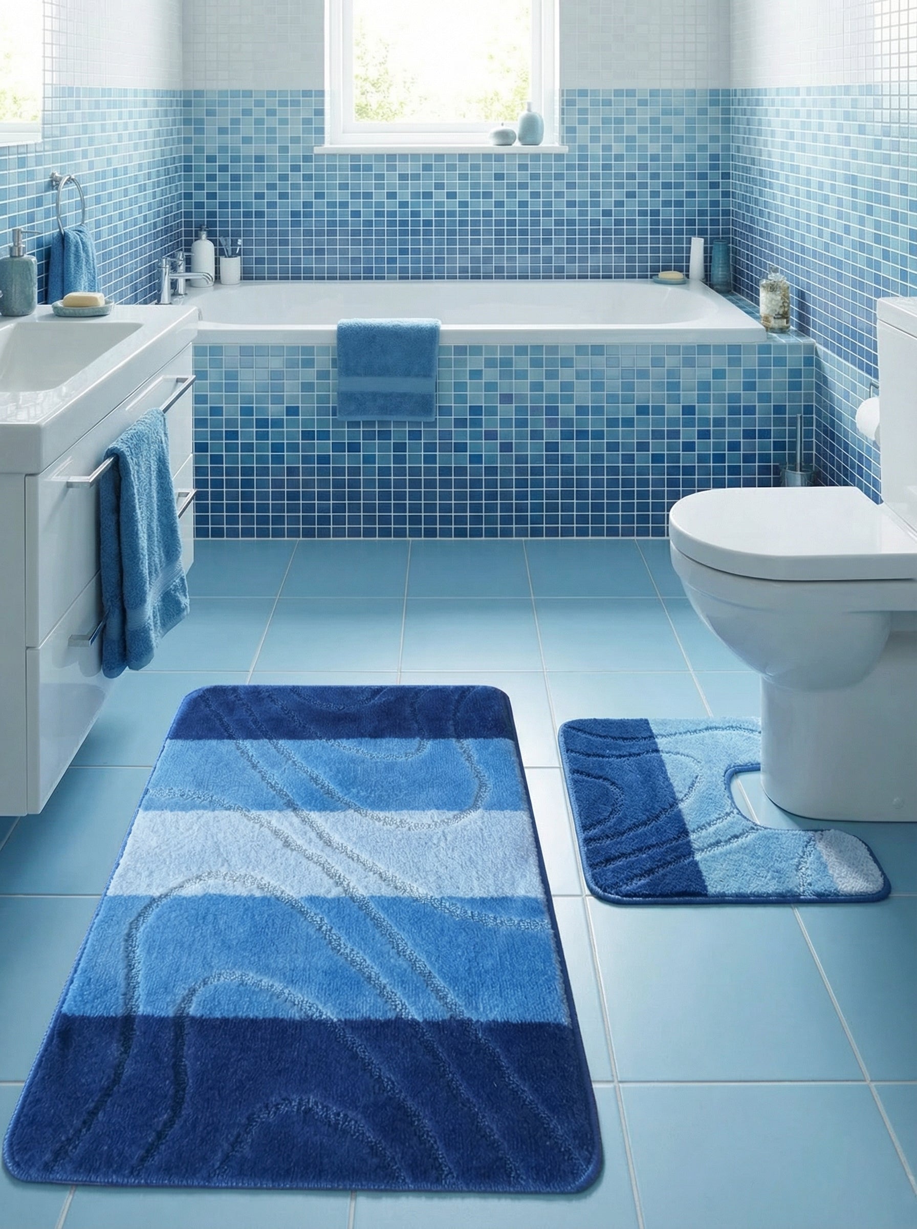 Tapis de bain moelleux à rayures bleues avec motifs ondulés, et tapis en U assorti, dans une salle de bain