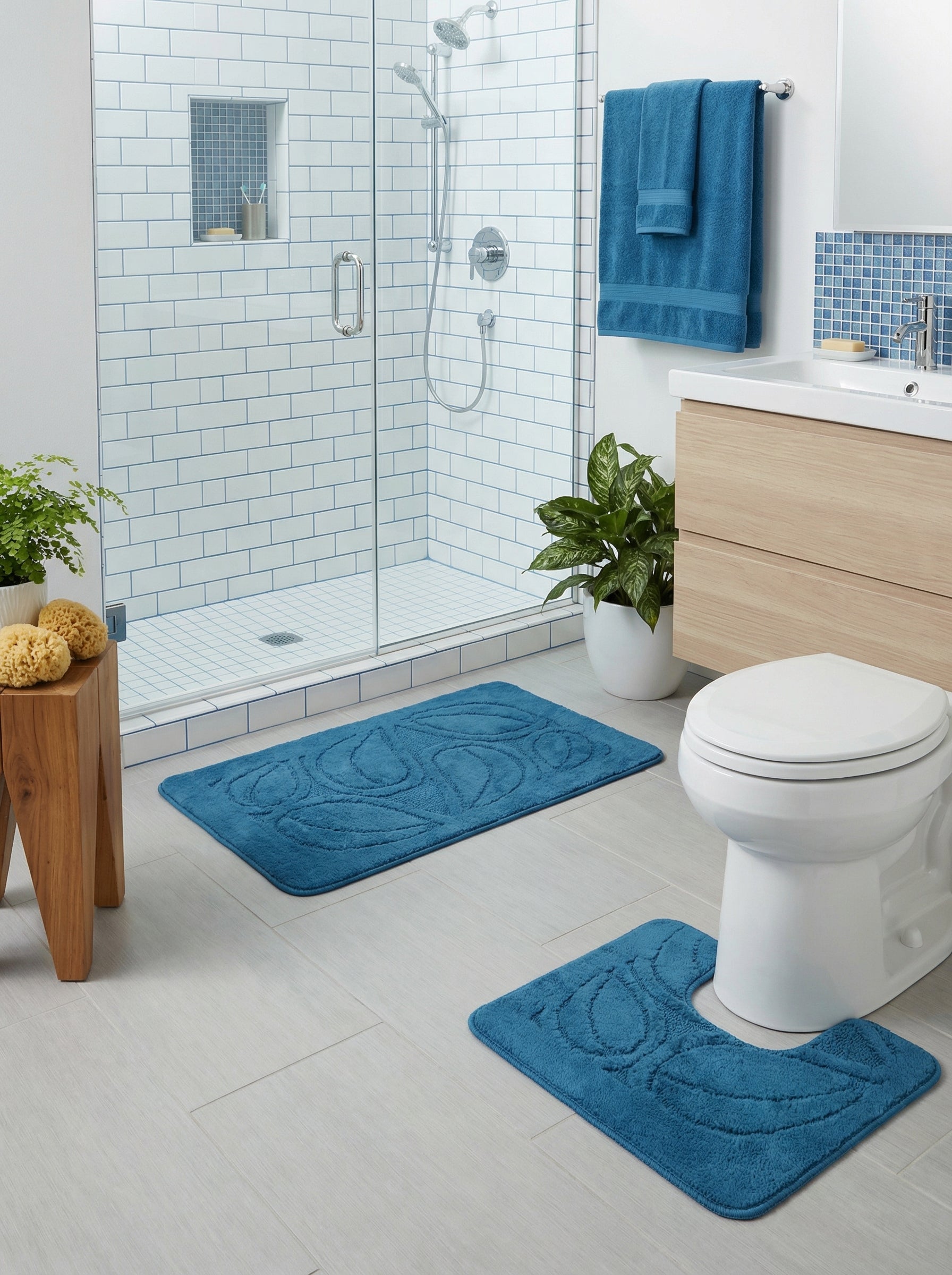 Deux tapis de bain bleu-vert moelleux à motif de feuilles en relief, l'un rectangulaire et l'autre en U, dans une salle de bain moderne