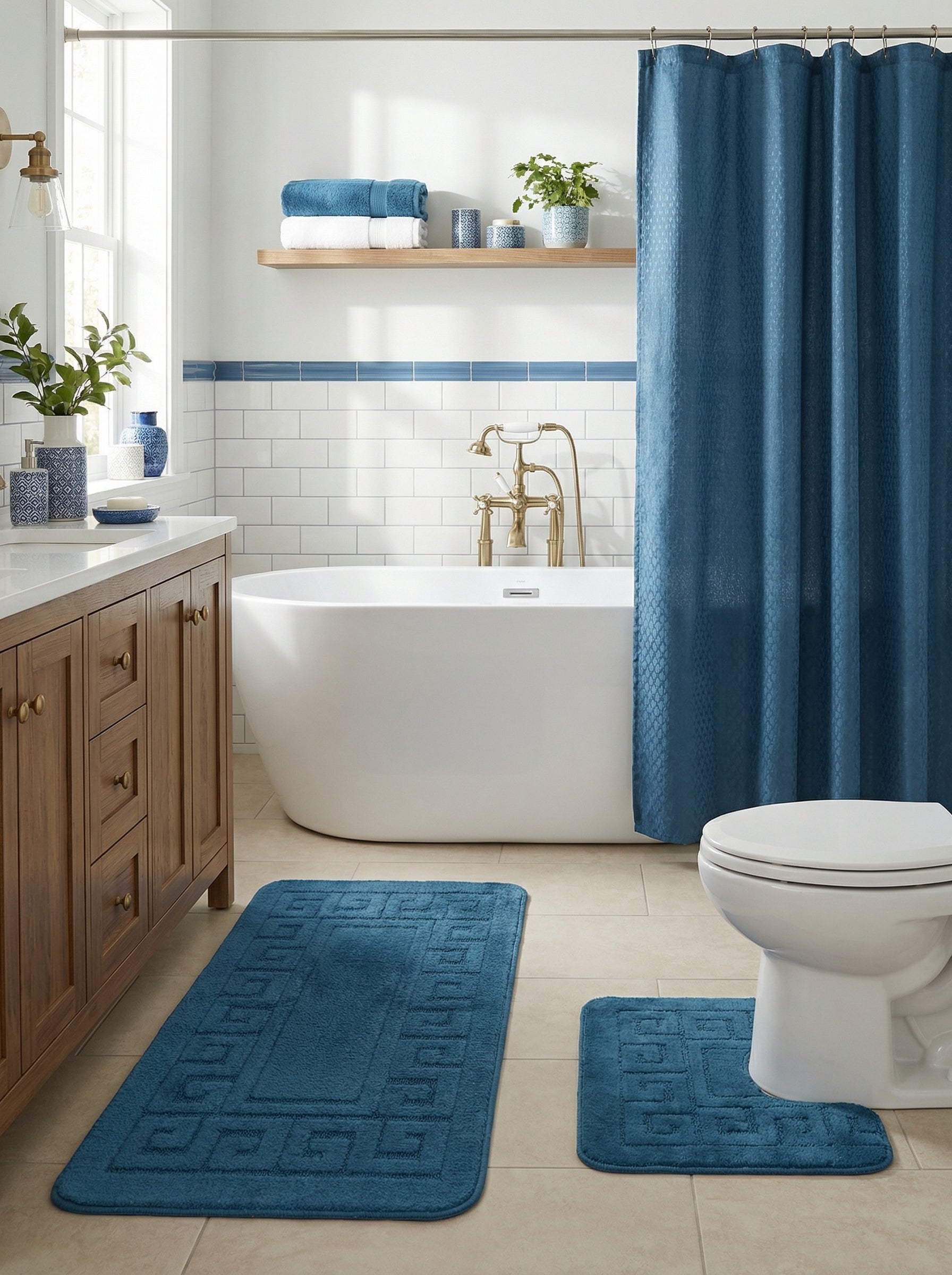 Deux tapis de bain moelleux bleu canard avec motifs géométriques en relief posés au sol d'une salle de bain