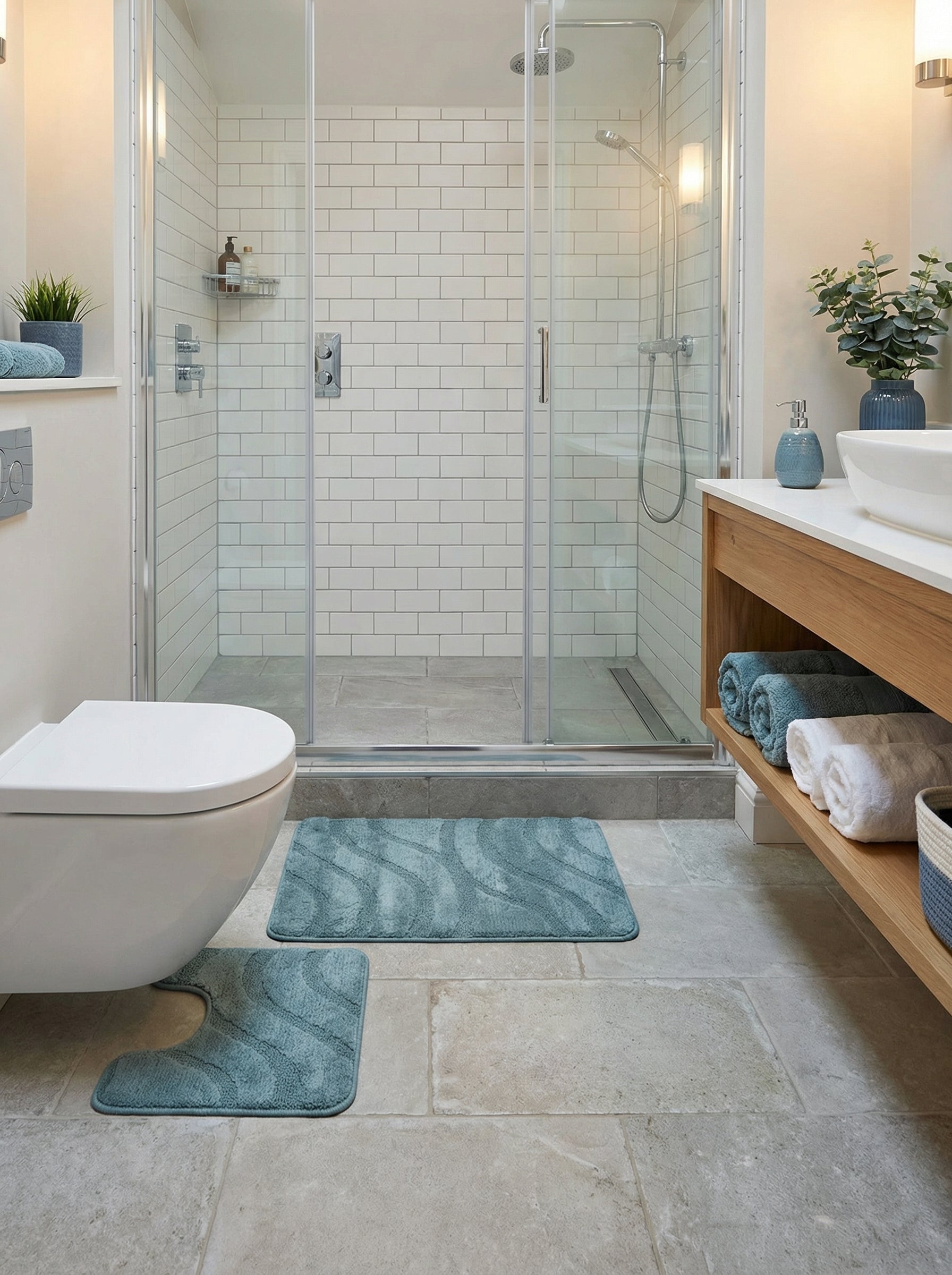 Deux tapis de bain doux turquoise à motifs de vagues. Un rectangulaire et un en U sont posés au sol d'une salle de bain moderne